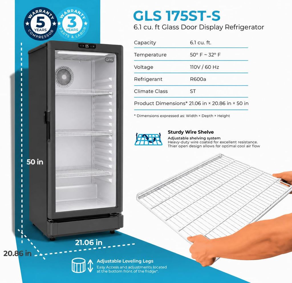 GRS Commercial Display Refrigerator with Glass Door Lock | Cool Air Flow & Temperature | Beverage fridge, Drink and Wine Cooler with Adjustable Display Shelf for Stores and Bars | Black, 7.1 Cu. Ft