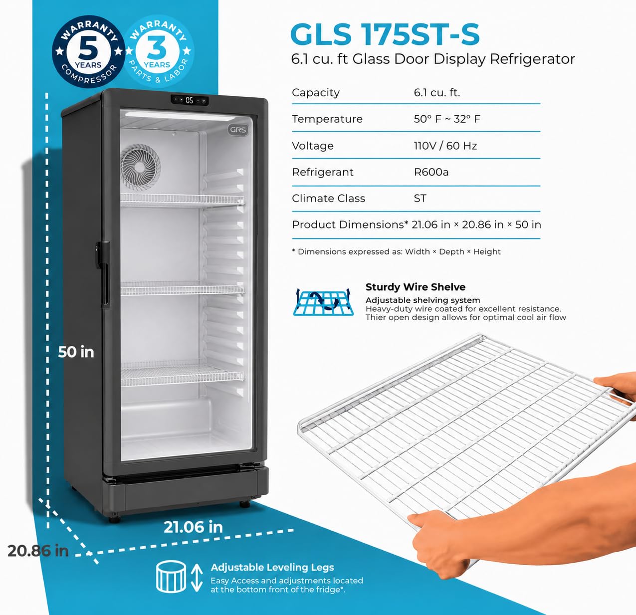GRS Commercial Display Refrigerator with Glass Door Lock | Cool Air Flow & Temperature | Beverage fridge, Drink and Wine Cooler with Adjustable Display Shelf for Stores and Bars | Black, 7.1 Cu. Ft