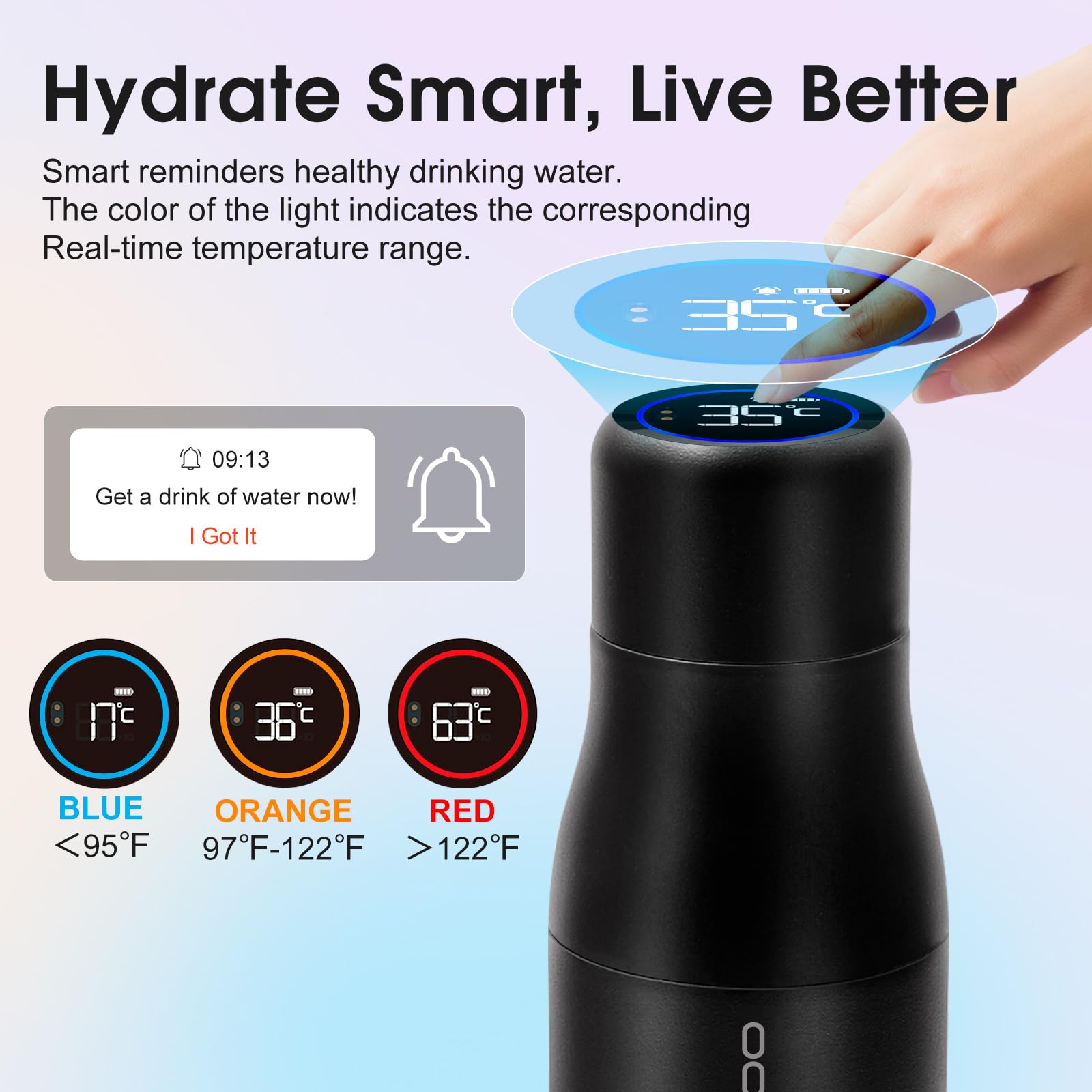 VSITOO 15oz Mini Smart Water Bottle，Self-Cleaning Insulated Bottle, Small Thermoses with AI, App & Touchscreen, Perfect Purse Water Bottle for Travel, Gym & Office, Pink