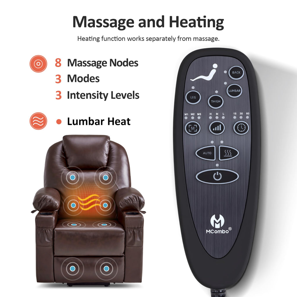 MCombo Electric Power Lift Recliner Chair Sofa with Massage and Heat for Elderly, 3 Positions, 2 Side Pockets, and Cup Holders, USB Ports, Faux Leather 7040 (Grey, Medium)