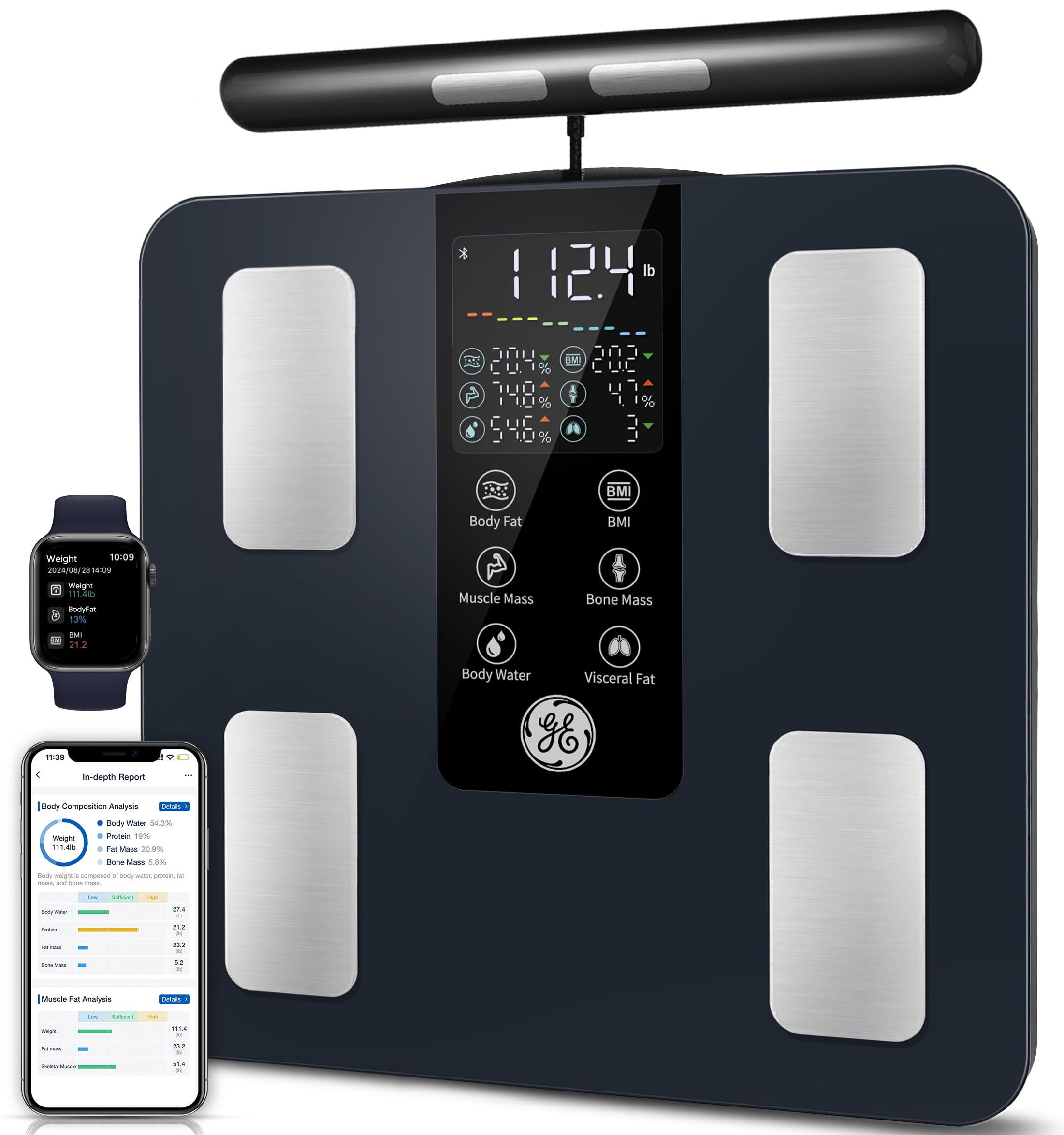 GE Smart Scale for Body Weight: 8-Electrode Digital Bathroom Scale for Weight Fat BMI Muscle Mass Full Body Composition Analyzer 50 Measurements Bluetooth Highly Accurate Weighing Machine 400lb White