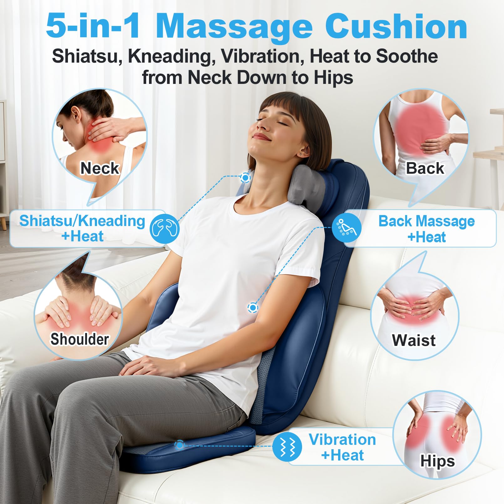 Shiatsu Neck Back Massage Cushion with Heat - 4D Kneading Massager w/Vibration, Dual-Neck Design, Adjustable Intensity/Height, Ease Muscle Tightness from Long Sitting, for Office, Home, Blue