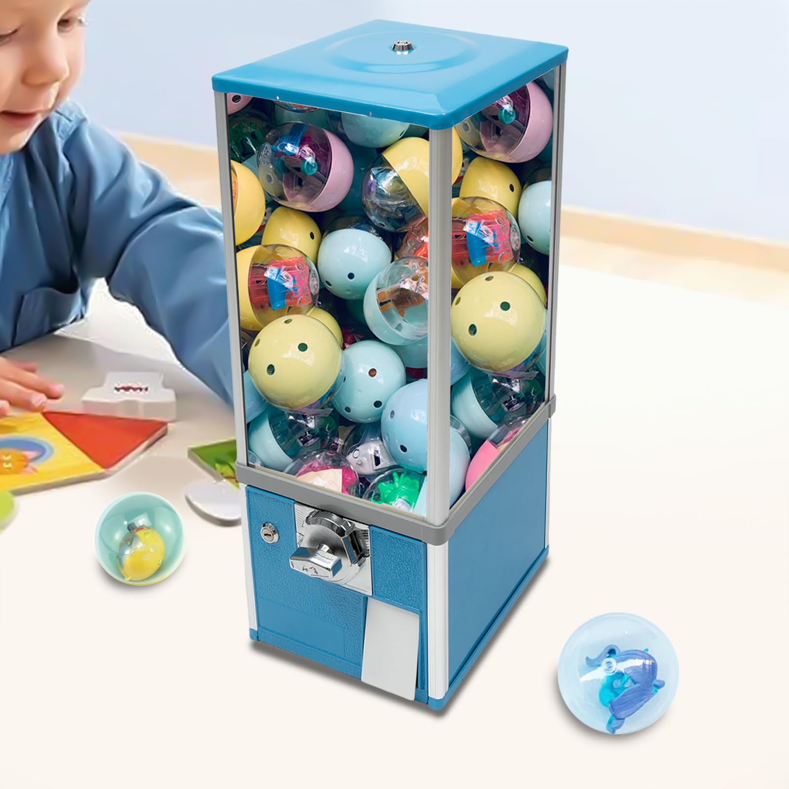 Commercial Candy Vending Machine, 4-Quarter Operated Toy Dispenser with Key Lock, 250-Capacity Capsule Vendor for Arcades Stores, 1.77-1.97in Toys (Black)