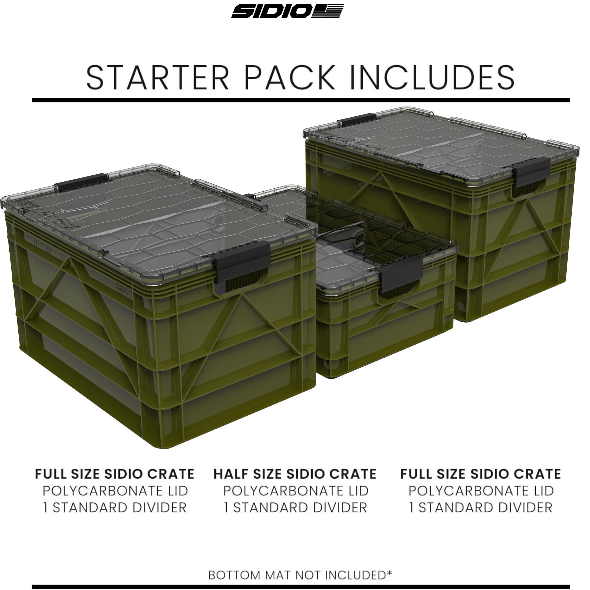 SIDIO CRATE Starter Pack - Two Full Size and One Half Size SidioCrate, Stackable Outdoor Organizer Storage Bins with Clear Lid and Dividers - Tan