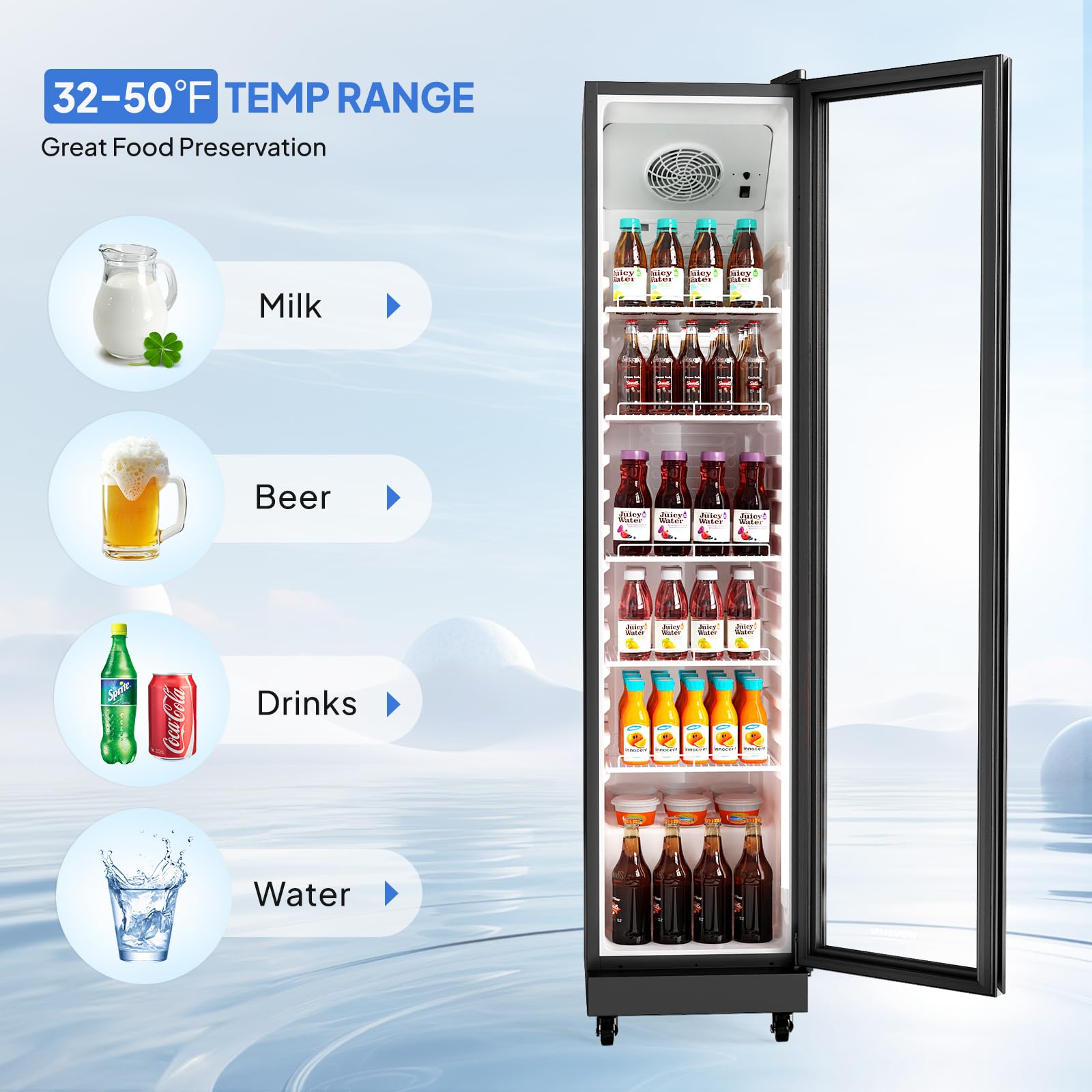 ROVSUN 8 Cu.Ft Commercial Refrigerator Display Refrigerator ETL NSF Certified, Slim Commercial Beverage Cooler Glass Door Merchandiser Drink Fridge w/Adjustable Shelves LED Light for Bar Restaurant