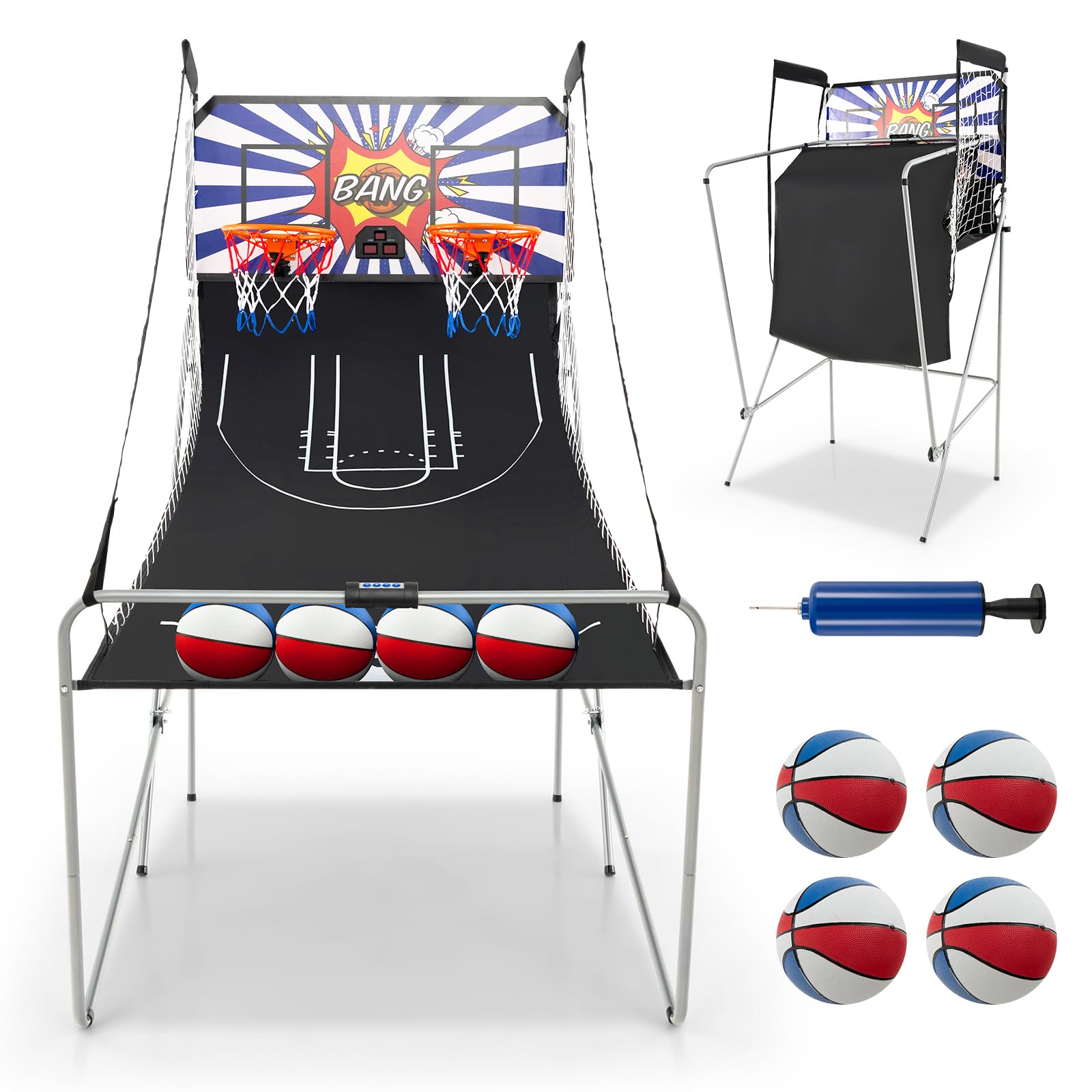 GYMAX Arcade Basketball Game Indoor Foldable with 8 Game Modes, Arcade Sound, 4 Balls and Inflation Pump, Electronic Basketball Games for Home