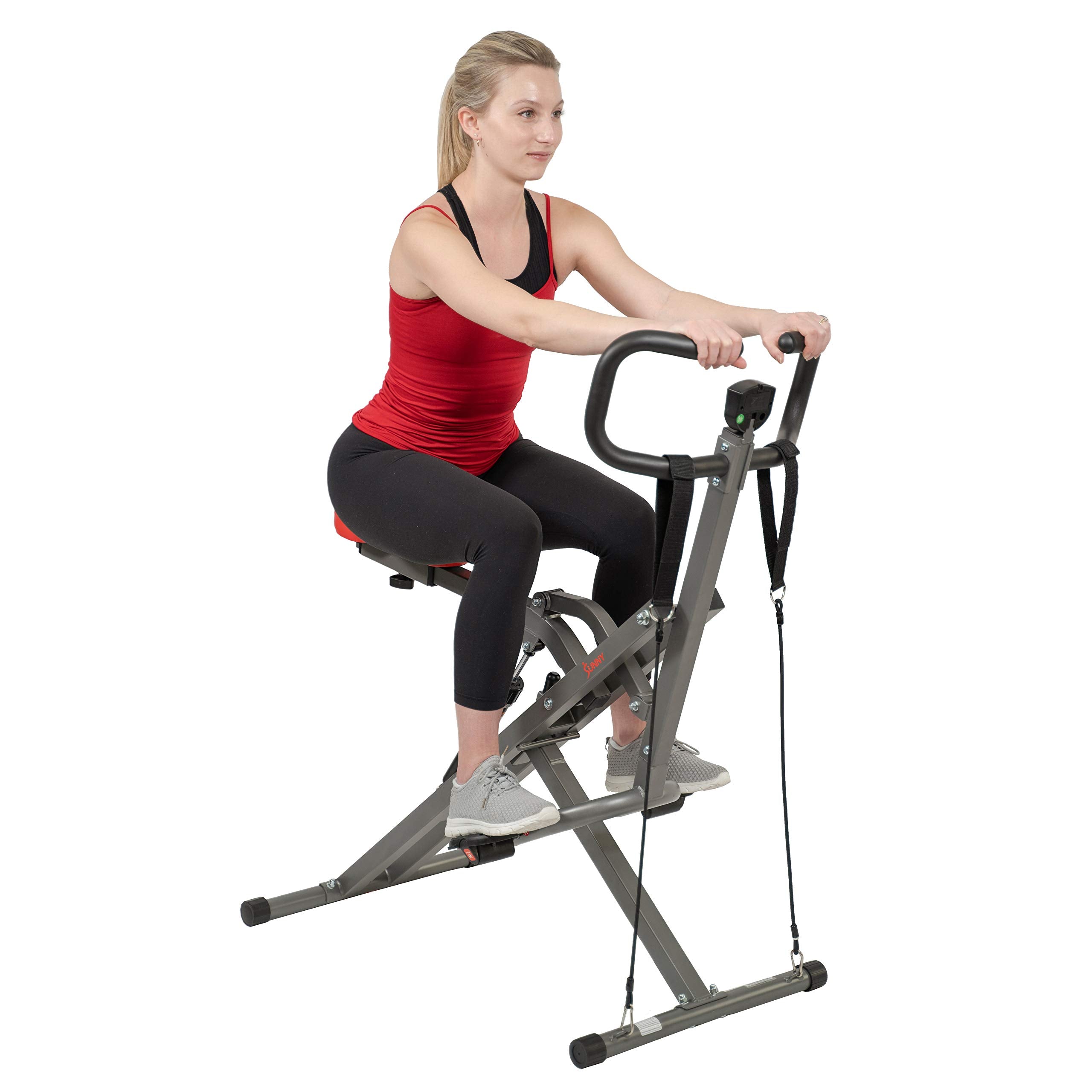 Sunny Health & Fitness Row-N-Ride PRO, Full Body Combo Squat Machine w/Optional Resistance Band, Easy Setup Ab Workout Exercise Equipment for Home, Whole Body Cardio, Optional SunnyFit App Connection