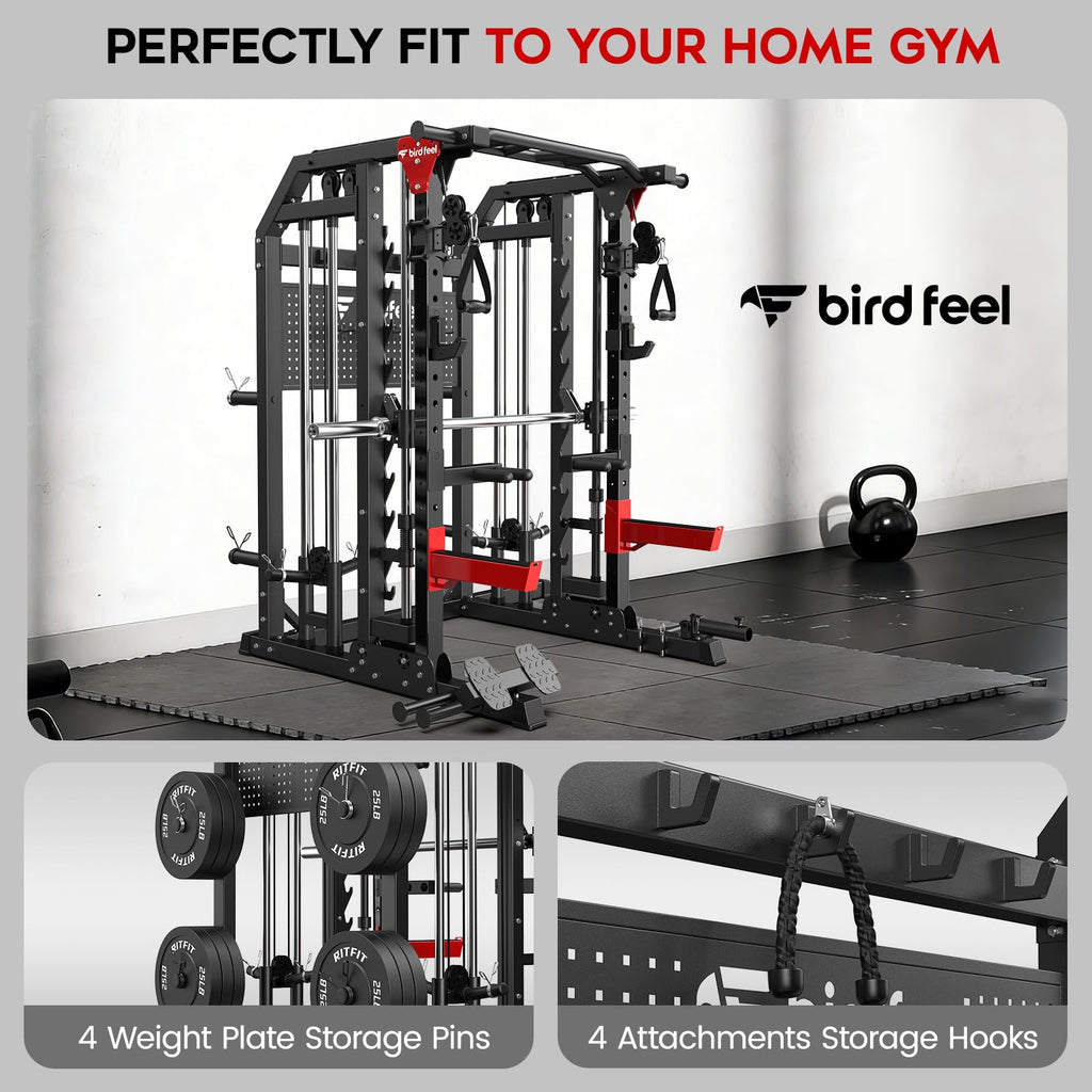 Multi-Function 2000LB Smith Machine Power Cage, Home Gym Squat Rack Featuring LAT Pulldown, Dual Pulley Cable Crossover, Gym-Quality Power Rack with Strength Training Attachments, Pegboard