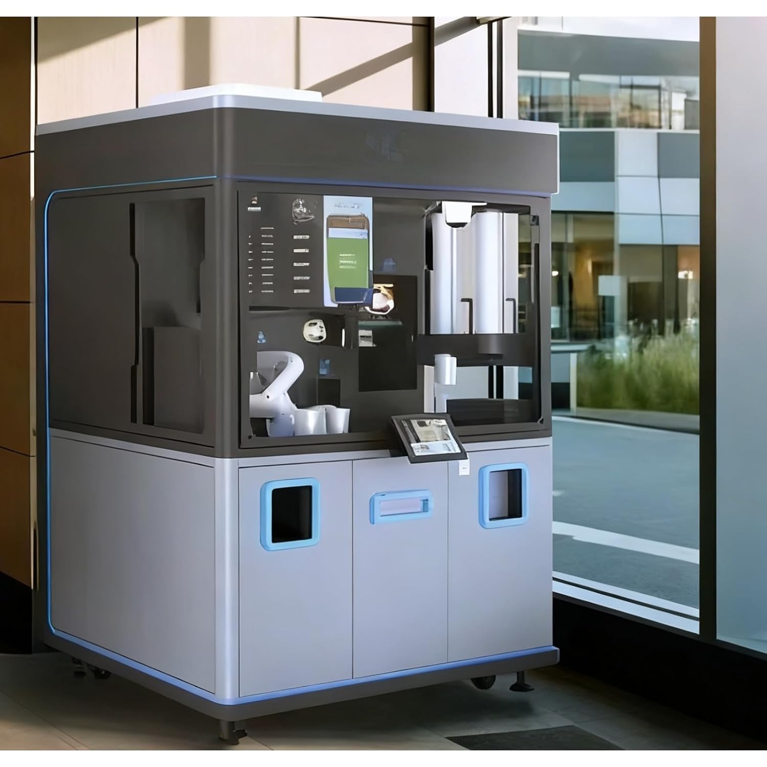 Fully Automated Intelligent Coffee Robot Vending Machine with Cobot Arm - 6-Axis High Precision Robotic Barista with AI Latte Art High-Capacity Hot Drink Dispenser for Commuters & Staff