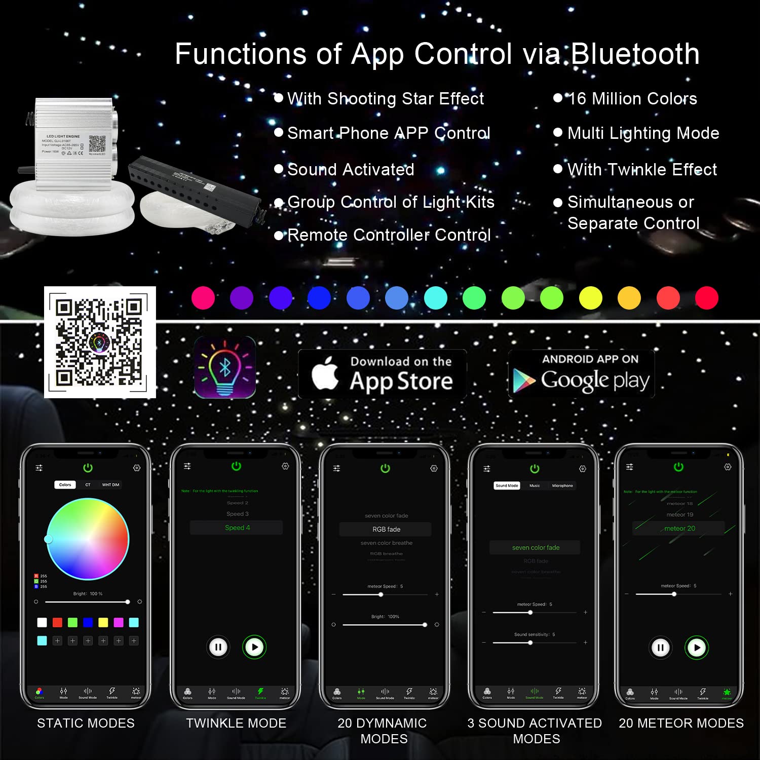 AKEPO Shooting Star+Twinkle Fiber Optic Lights Kit, Car Home Use Meteor APP Control Music Activated Star Ceiling Sky Light, RGBW Light Engine+Mixed Diameter Fibers 460pcs of 9.8ft/3m+Remote