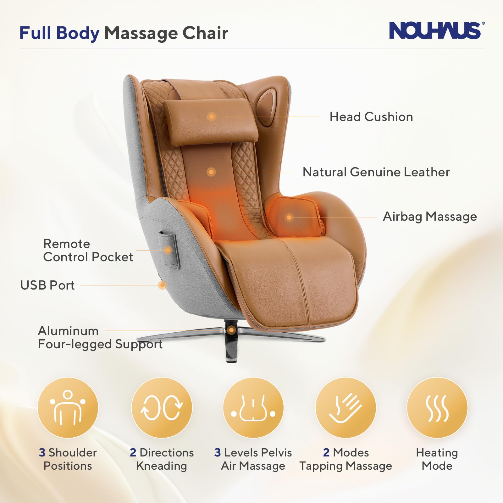 Nouhaus Aurora Massage Chair Full Body, Zero Gravity Genuine Leather Massage Chairs w/Airbags, Heating, Auto Modes, Bluetooth Speaker, Modern 4D Massage Chair Recliner for Living Room (Elder White)