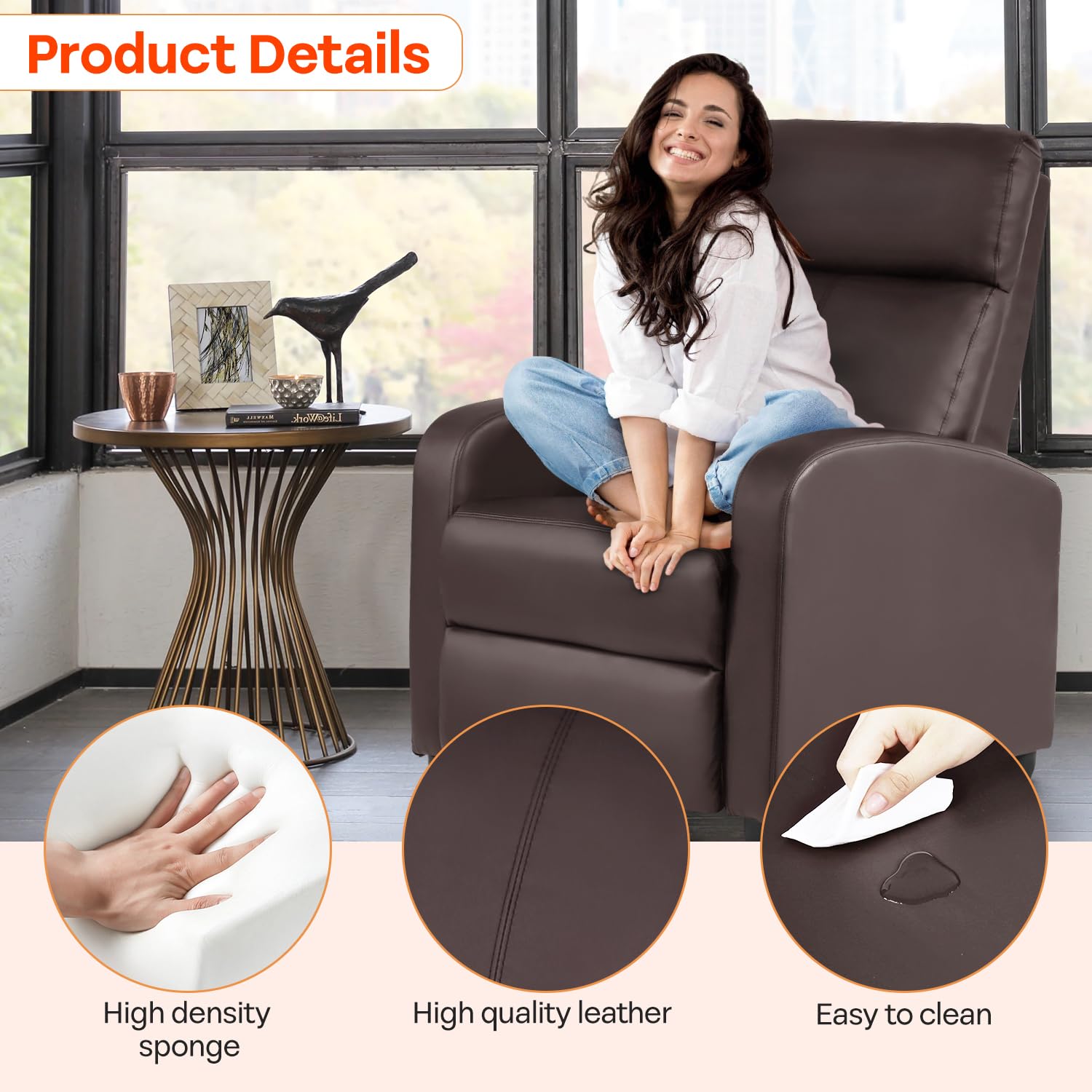 FDW Recliner Sofa Massage Chair Home Theater Seating with Lumbar Support and Padded Backrest for Living Room and Bedroom (Leather, Black)