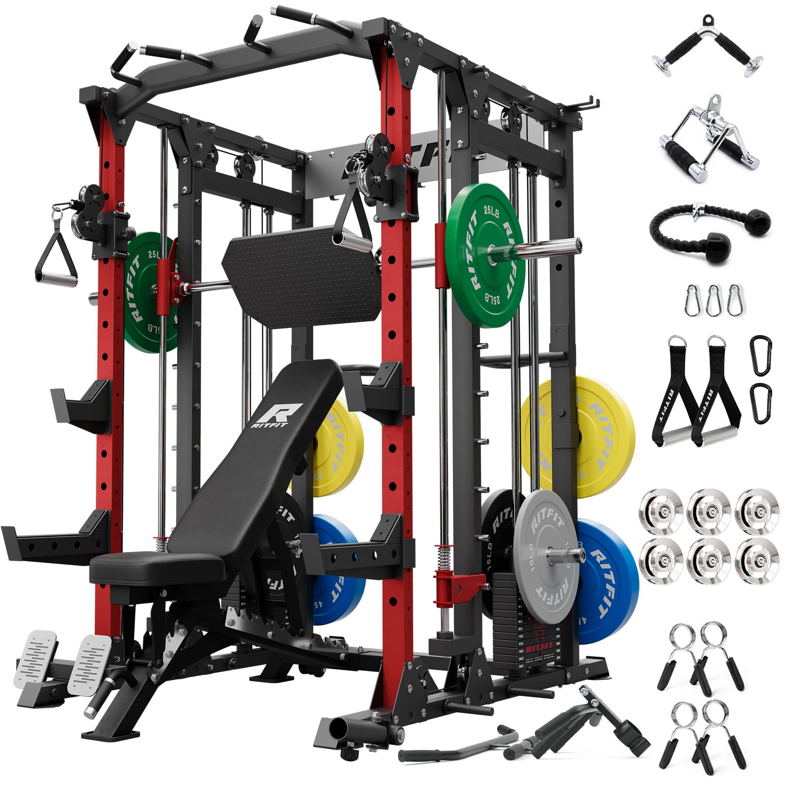 RitFit Buffalo Smith Machine Package, All-in-One Power Cage with Weight Stack , Power Rack with Cable Crossover & Leg Press Attachment for Home Gym