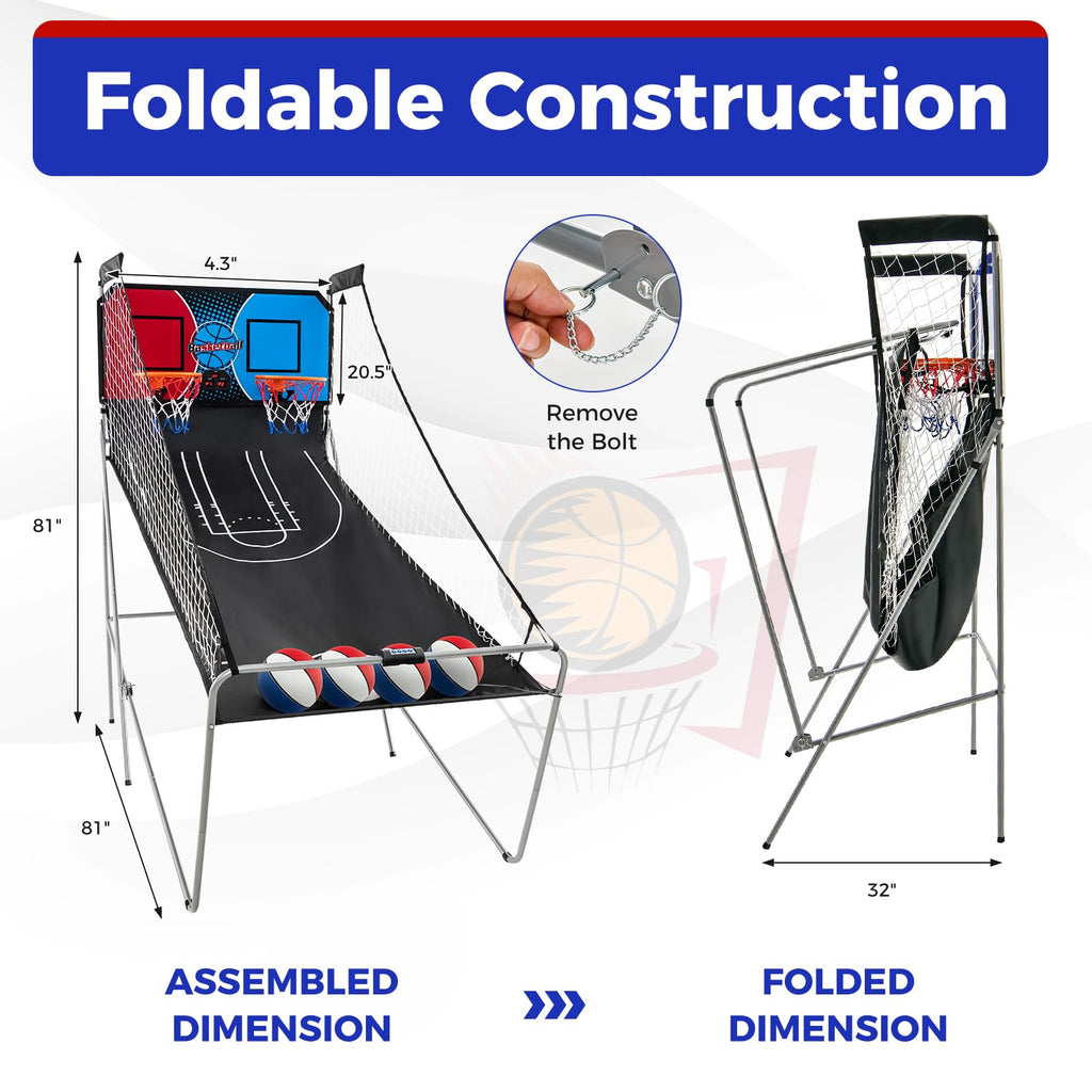 KOTEK Basketball Arcade Game Indoor, Foldable Dual Shot Electronic Basketball Games for 2 Players w/8 Game Options & LED Scoring System, Basketball Hoop Arcade for Family Home Play (Green)
