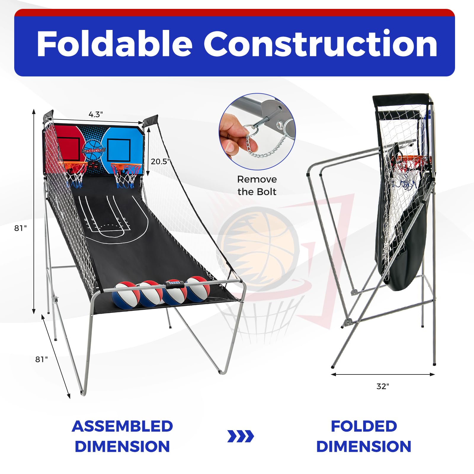KOTEK Basketball Arcade Game Indoor, Foldable Dual Shot Electronic Basketball Games for 2 Players w/8 Game Options & LED Scoring System, Basketball Hoop Arcade for Family Home Play (Green)