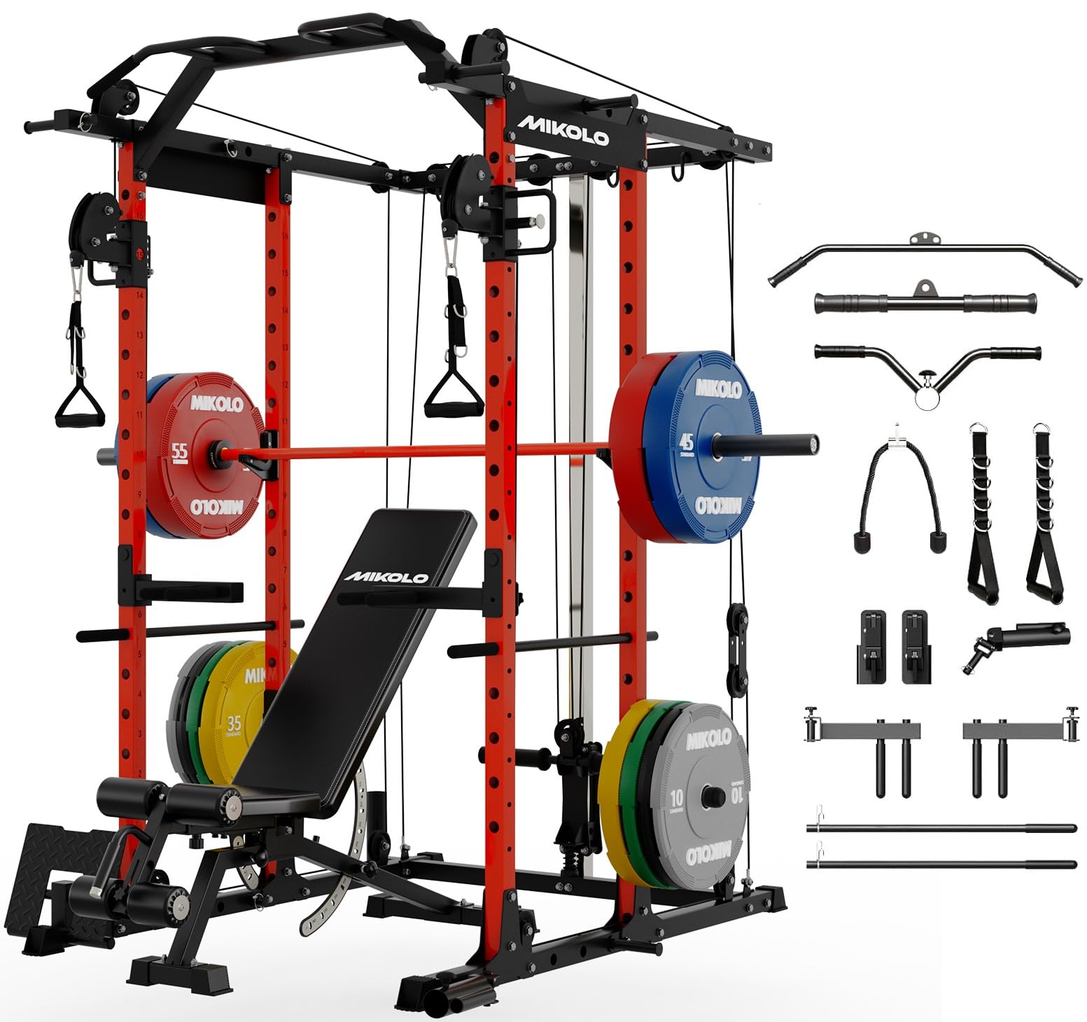 Mikolo Power Cage, Power Rack with Cable Crossover System, 1500LBS Squat Rack with LAT Pull Down System, Workout Cage with Pulley System for Fitness Home Gym
