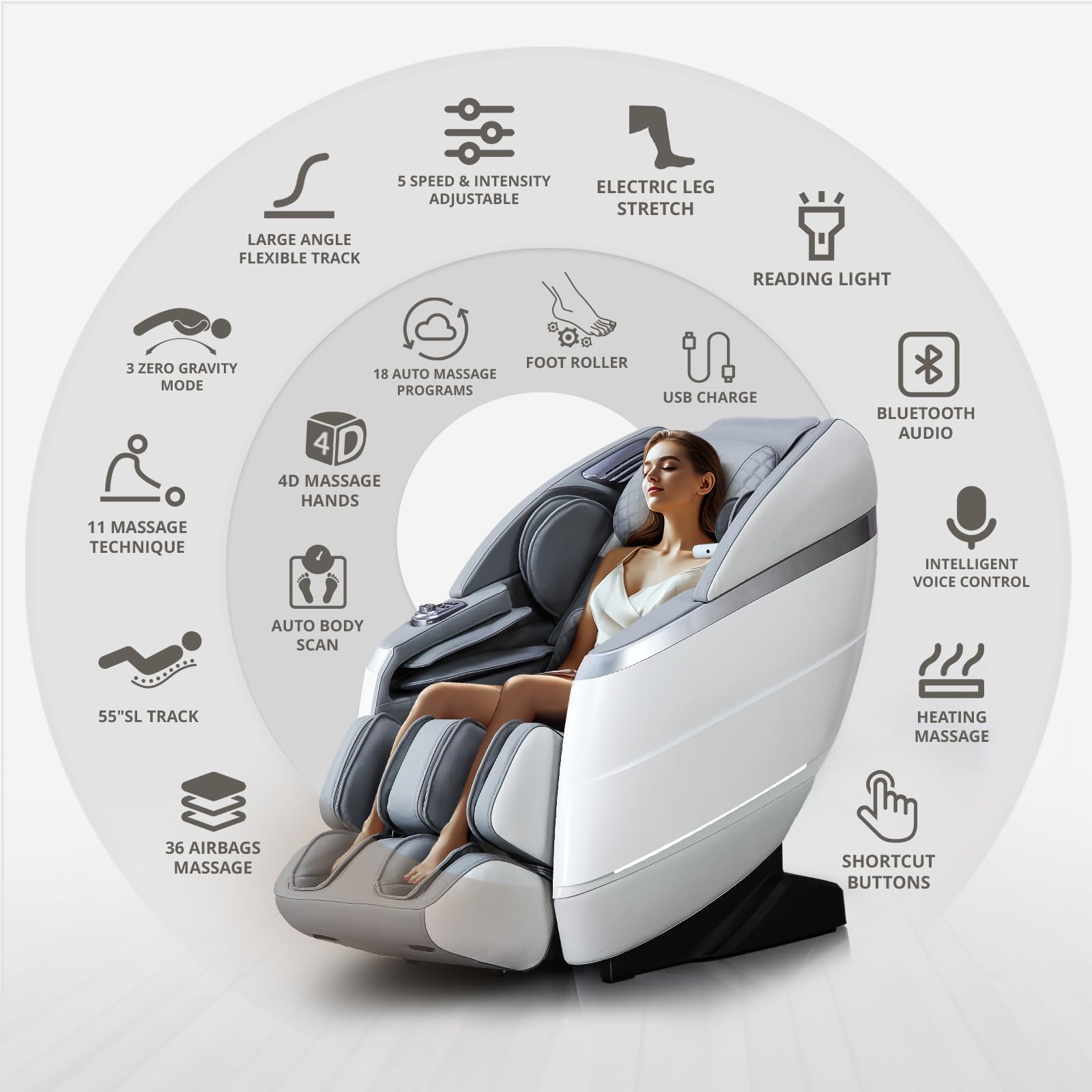 HealthRelife 4D Massage Chair Full Body, 166° Flexible Track, 18 Modes, 11 Techniques, 36 Airbag Massage, with Yoga Stretch, Foot Massage, Zero Gravity Massage Recliner（Beige）