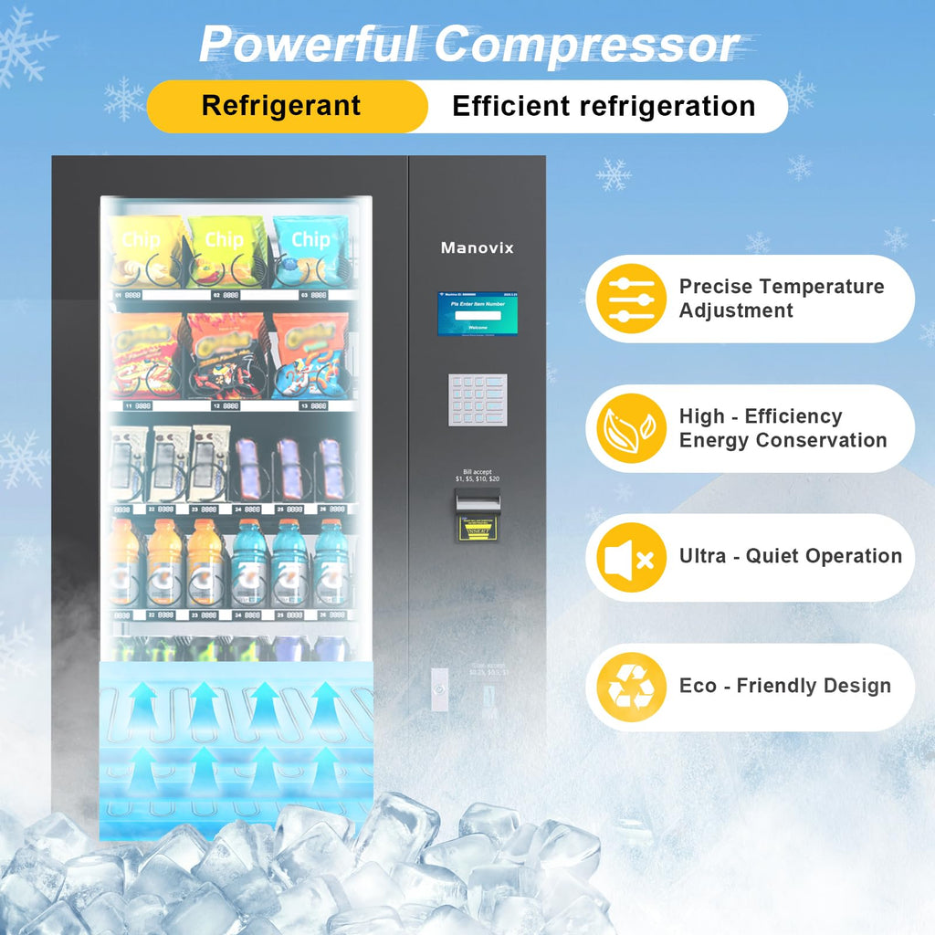 Beverage Snack Combo Commercial Vending Machine for Business with Credit Card Reader & Bill and Coin Acceptor Refrigerated Cold Drink soda with Temp Control Touch Screen