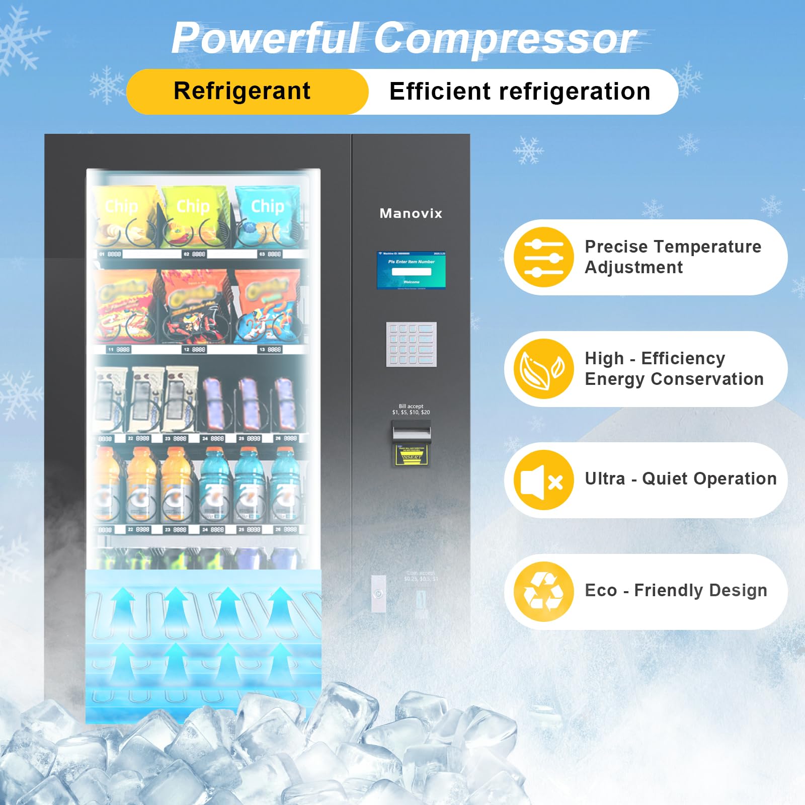 Beverage Snack Combo Commercial Vending Machine for Business with Credit Card Reader & Bill and Coin Acceptor Refrigerated Cold Drink soda with Temp Control Touch Screen