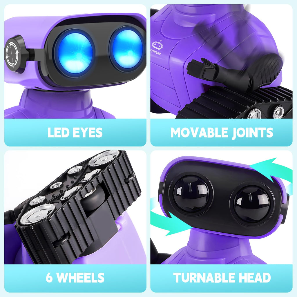 Playsheek Rechargeable Emo Robot with Auto-Demonstration - Remote Control Smart Robot Toy Gift for Kids Age 3+ - Purple