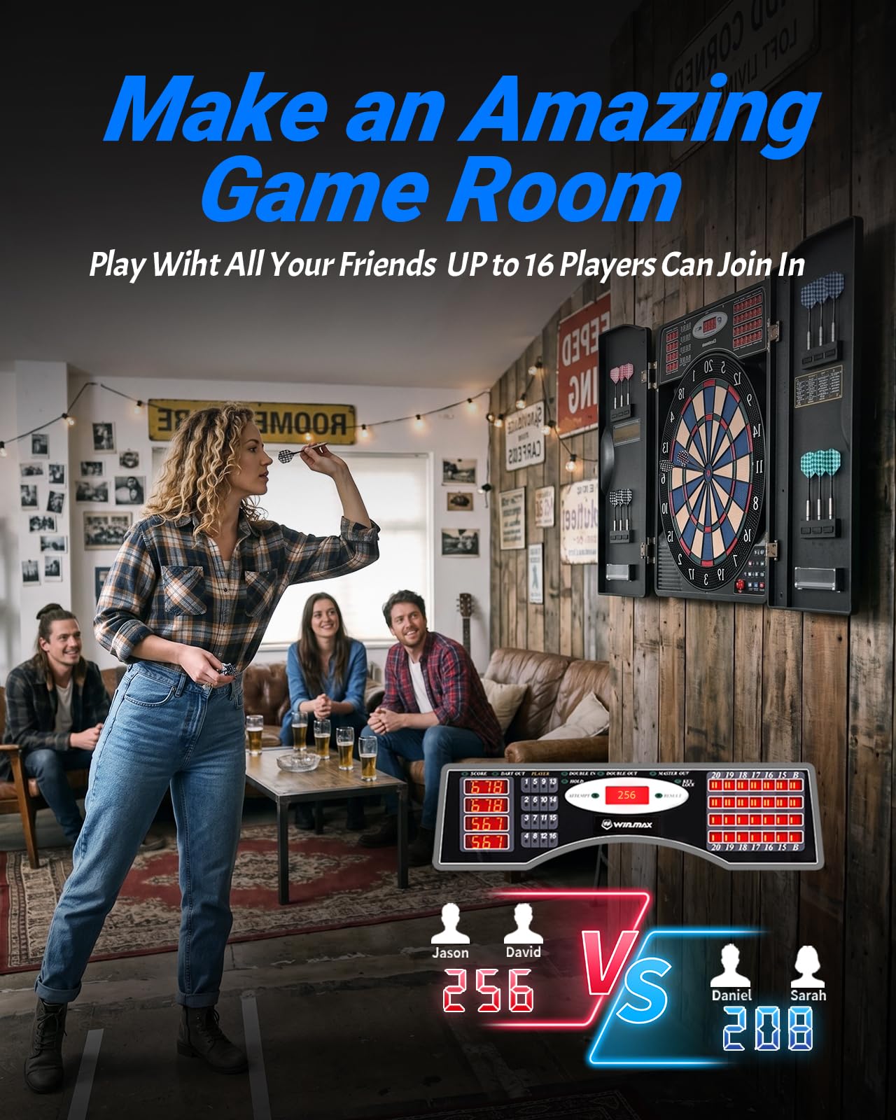 WIN.MAX Electronic Dart Board, Soft Tip Dartboard Cabinet Set for Adults, LED Scoring Dartboard with 38 Games & 211 Variants, Up to 16 Players, 12 Darts+40 Tips, Wall Mount for Bar Game Room Man Cave