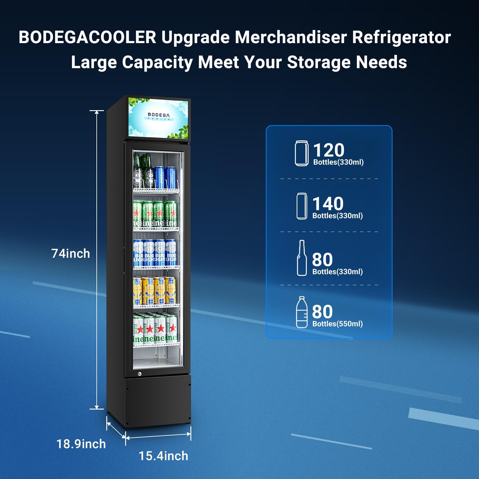 BODEGACOOLER Commercial Merchandiser Refrigerator, 27.02 Cu.Ft Double Glass Door Beverage Cooler, Upright Display Refrigerator with Soft LED Light, Adjustable Shelves, 4 Heavy-Duty Casters, Black