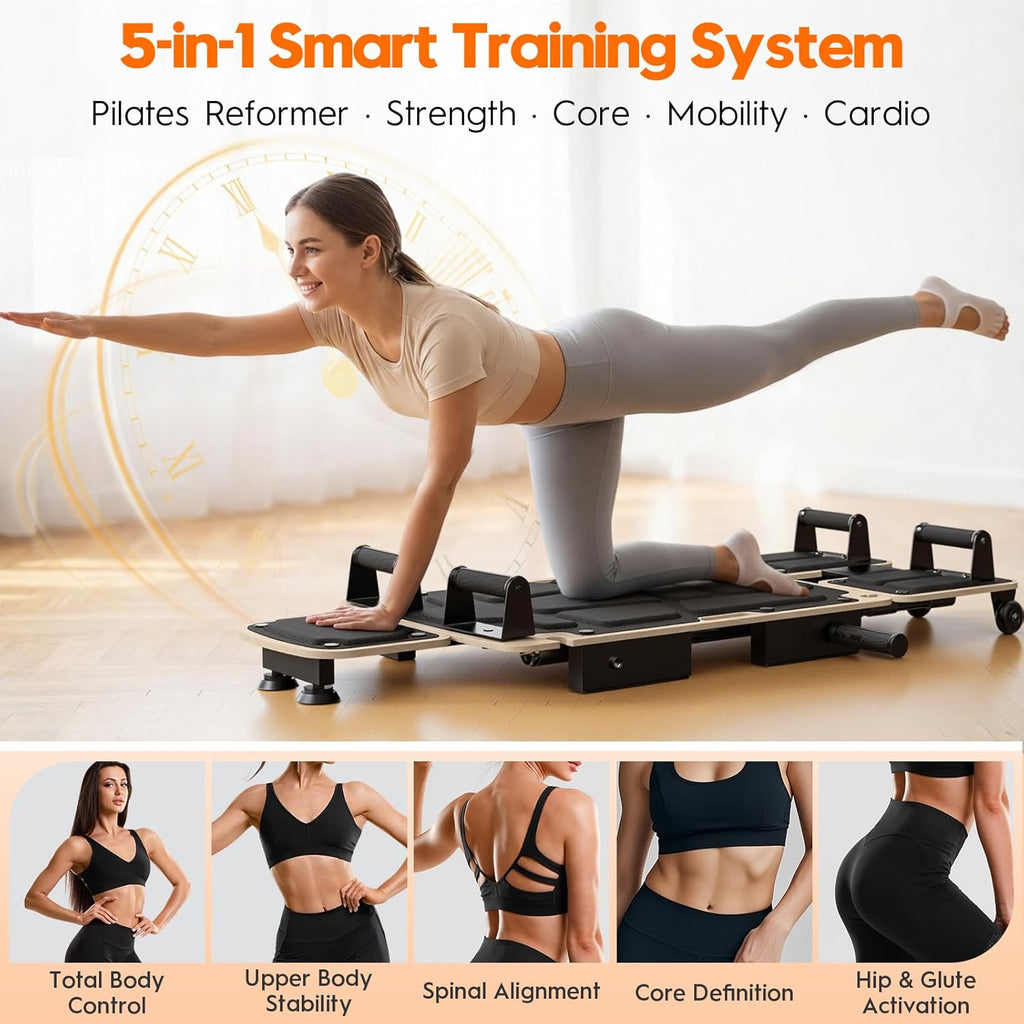 Pilates Board Reformer for Home Workout, 5-in-1 Pilates Equipment with Dual & Split Foot Pads, Smooth Sliding Rail System, Adjustable Headrest for Heights 3'7"–6'3", Core & Full-Body Training