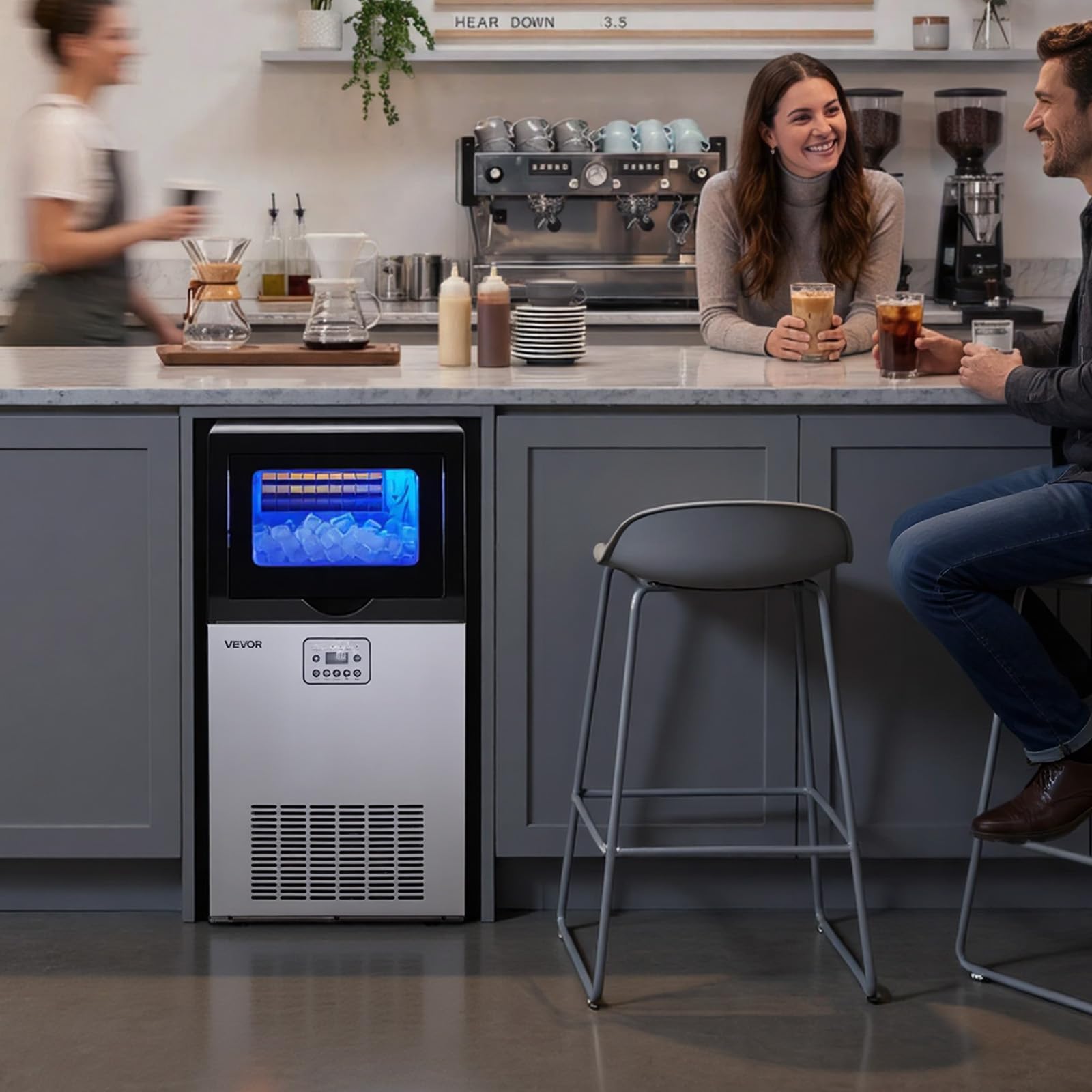 VEVOR Commercial Ice Maker Machine, 100 lbs/24h with 30-35 lbs Storage, Bullet Ice,Built-in/Freestanding/Under Counter, Stainless Steel Ice Maker with LED Display for Home Bar Restaurant