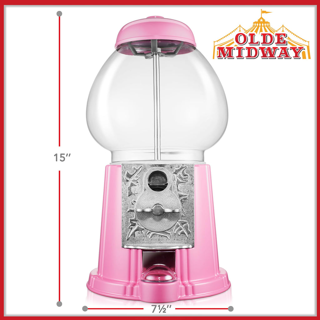 Olde Midway 15" Gumball Machine with Glass Globe and Metal Base - Red, Vintage-Style Bubble Gum Candy Dispenser