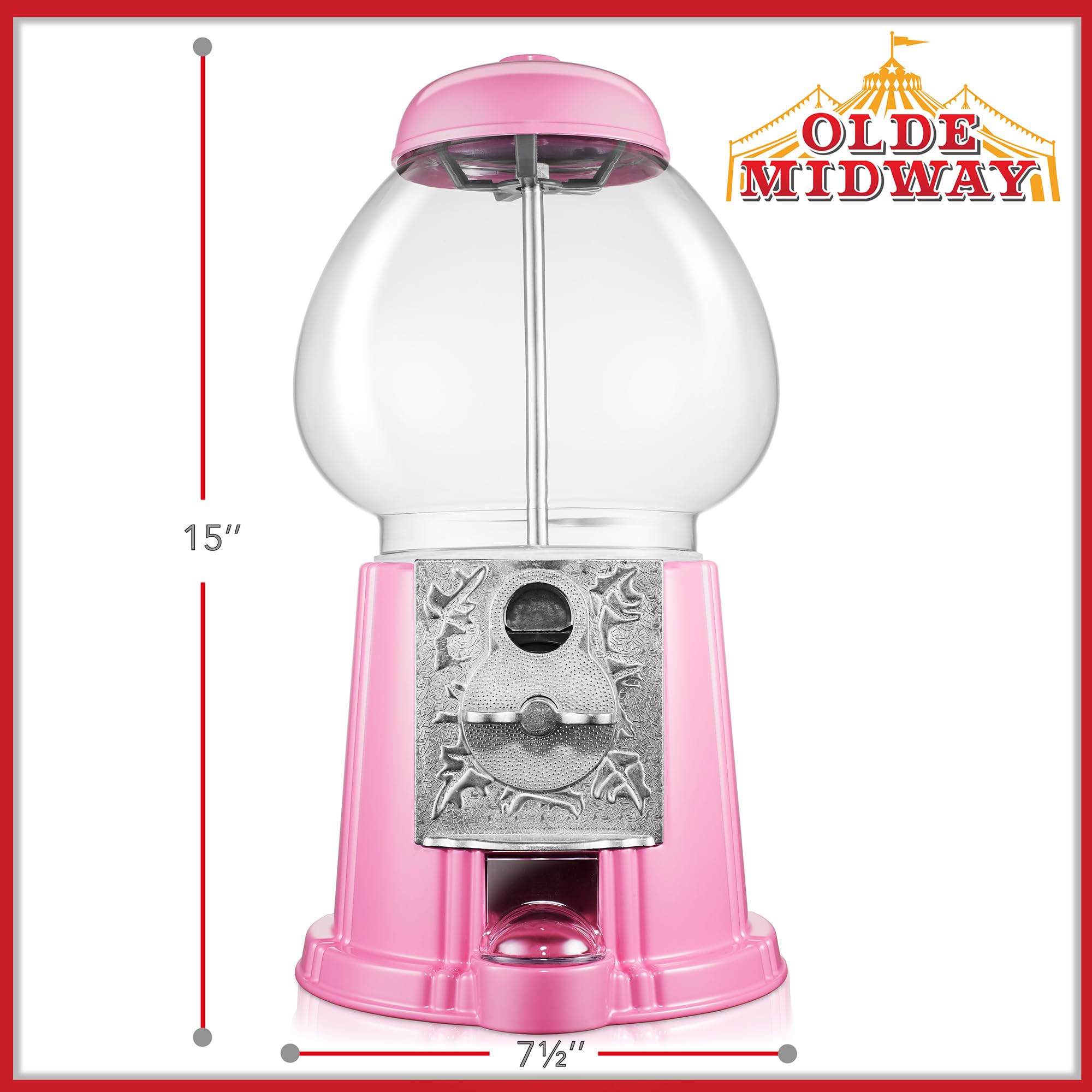 Olde Midway 15" Gumball Machine with Glass Globe and Metal Base - Red, Vintage-Style Bubble Gum Candy Dispenser