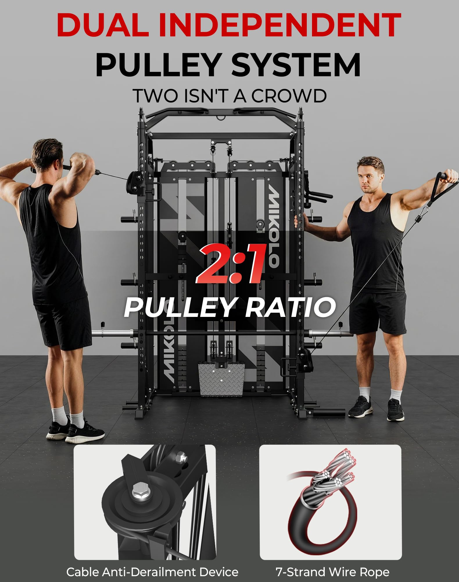 Mikolo Smith Machine with Weight Stack, Power Cage Home Gym System with LAT Pulldown & Cable Crossover, Multi-Functional Trainer with Dual Pulley System, Includes 10+ Free Attachments
