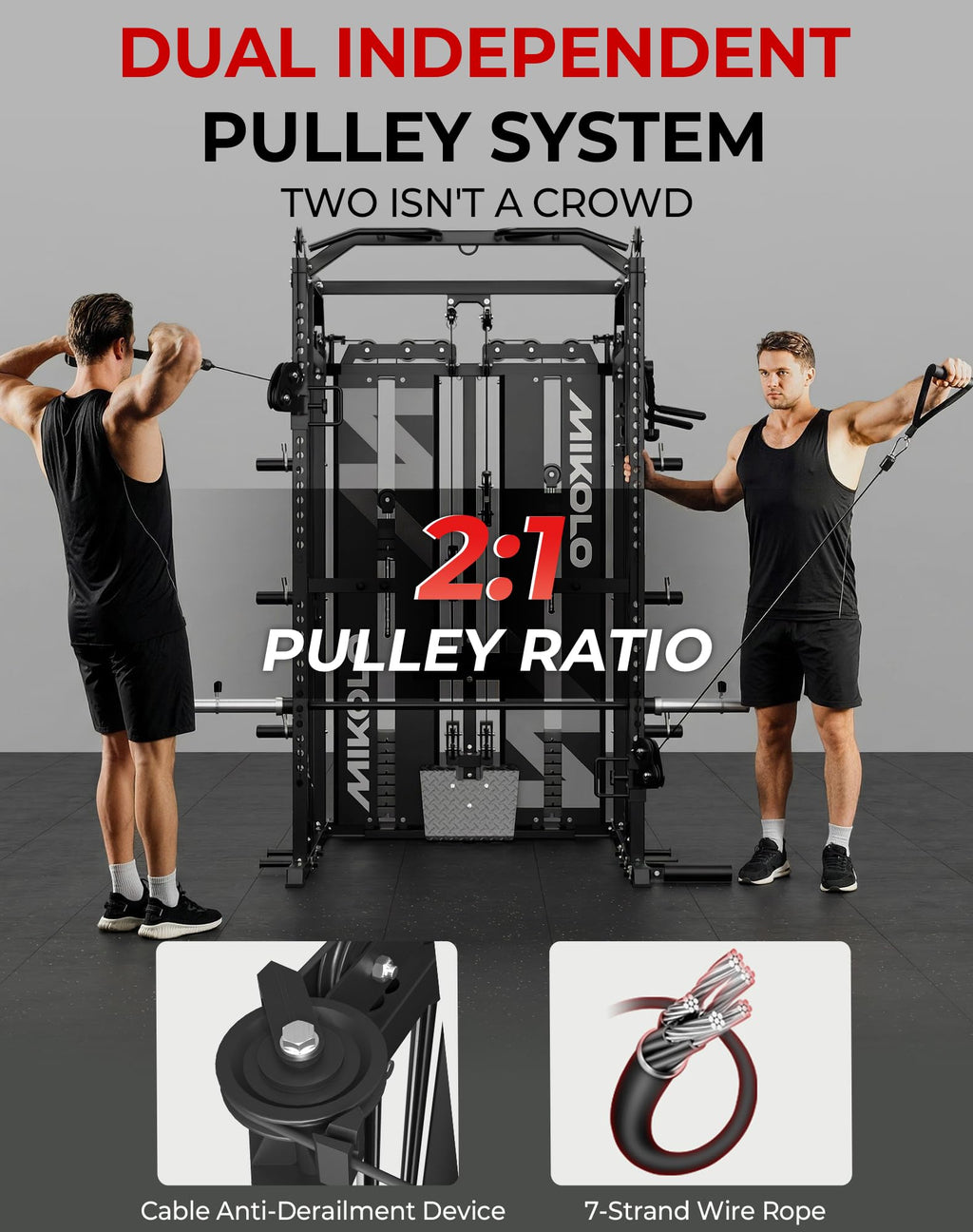 Mikolo Smith Machine with Weight Stack, Power Cage Home Gym System with LAT Pulldown & Cable Crossover, Multi-Functional Trainer with Dual Pulley System, Includes 10+ Free Attachments