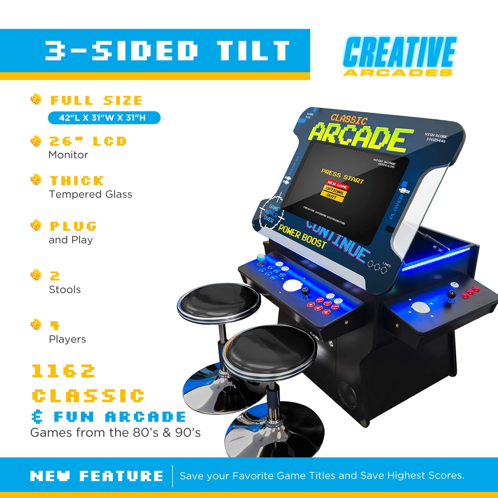 Creative Arcades Full Size Commercial Grade Cocktail Arcade Machine w/Lifting Screen | Trackball | Three-Sided | 4 Sanwa Joysticks | 2 Stools (4500 Games & 32" Screen & Woodgrain Edition)