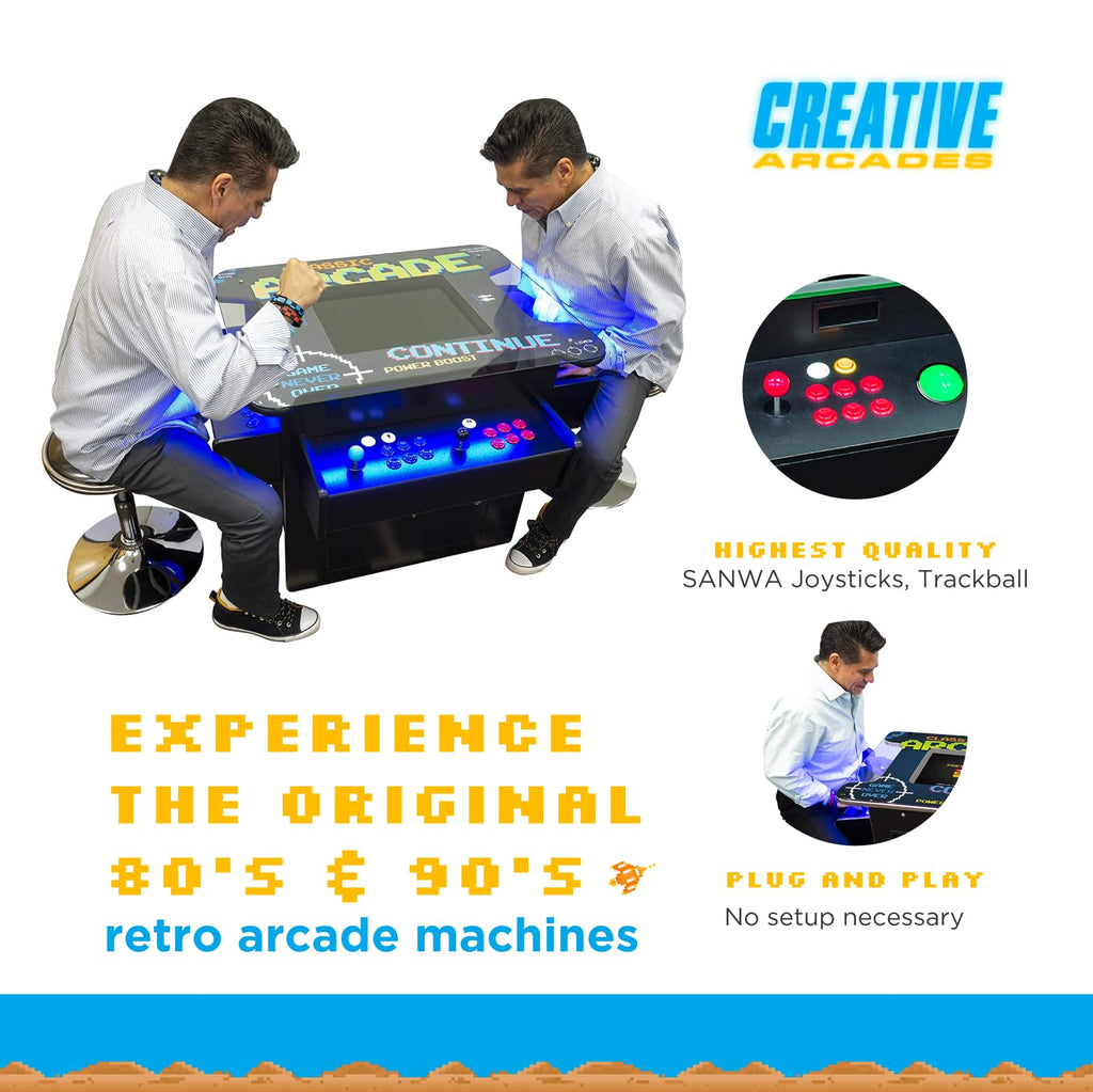 Creative Arcades Full Size Commercial Grade Cocktail Arcade Machine | 4 Player | 1162 Games | 26" LCD Screen | 3 Sided | Square Glass Top |4 Sanwa Joysticks | Trackball | 2 Stools | 3 Year Warranty