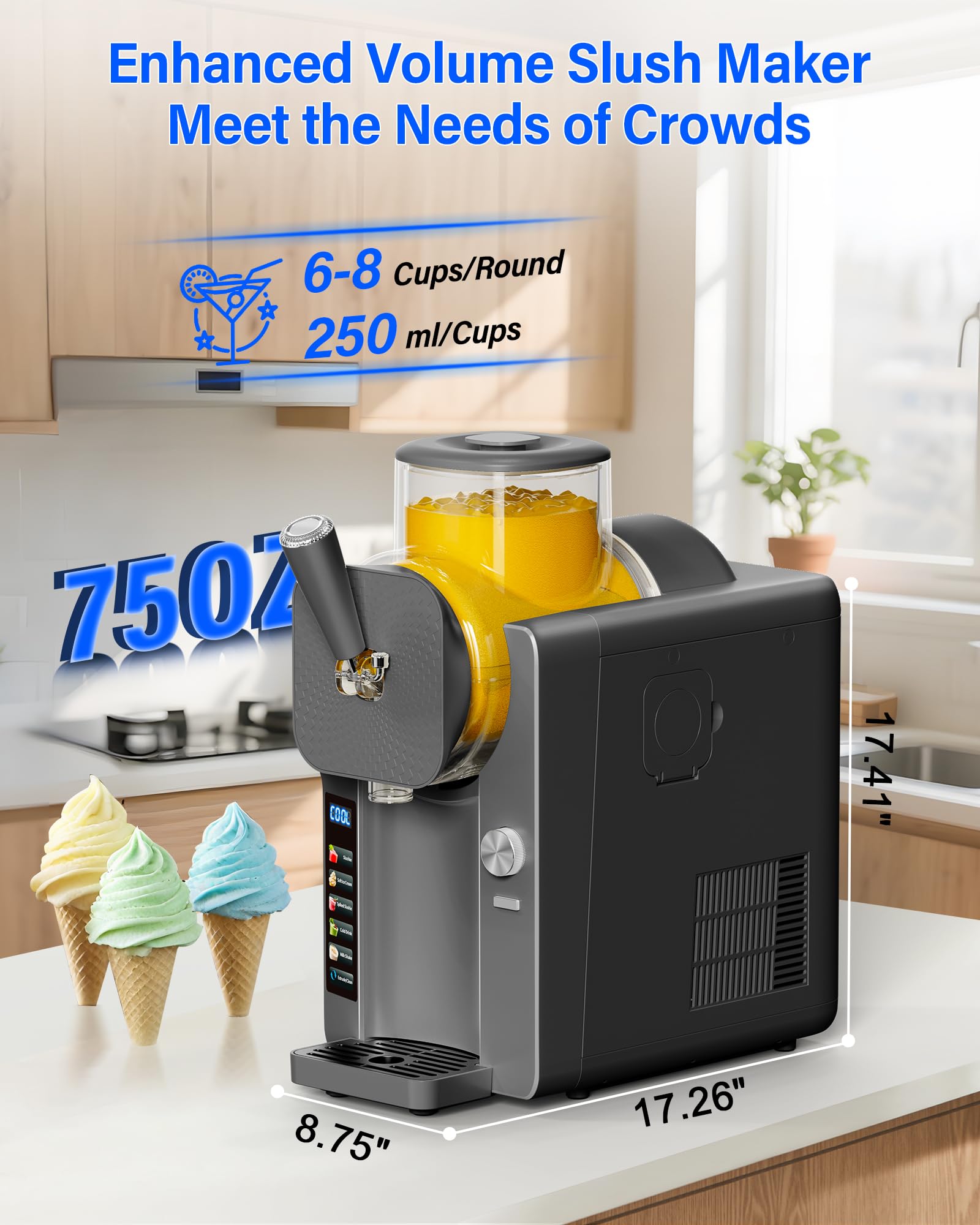 Slush Machine & Ice Cream Maker Machine 2-IN-1, 6 Modes for Smoothies, Milkshakes, Cocktails, Margarita, and Ice Cream, Double-Layer Tank, With Ice Cream Cone Holder, Self-Cleaning, For Home Use