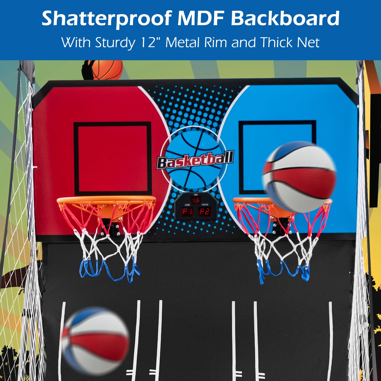 GYMAX Arcade Basketball Game Indoor Foldable with 8 Game Modes, Arcade Sound, 4 Balls and Inflation Pump, Electronic Basketball Games for Home