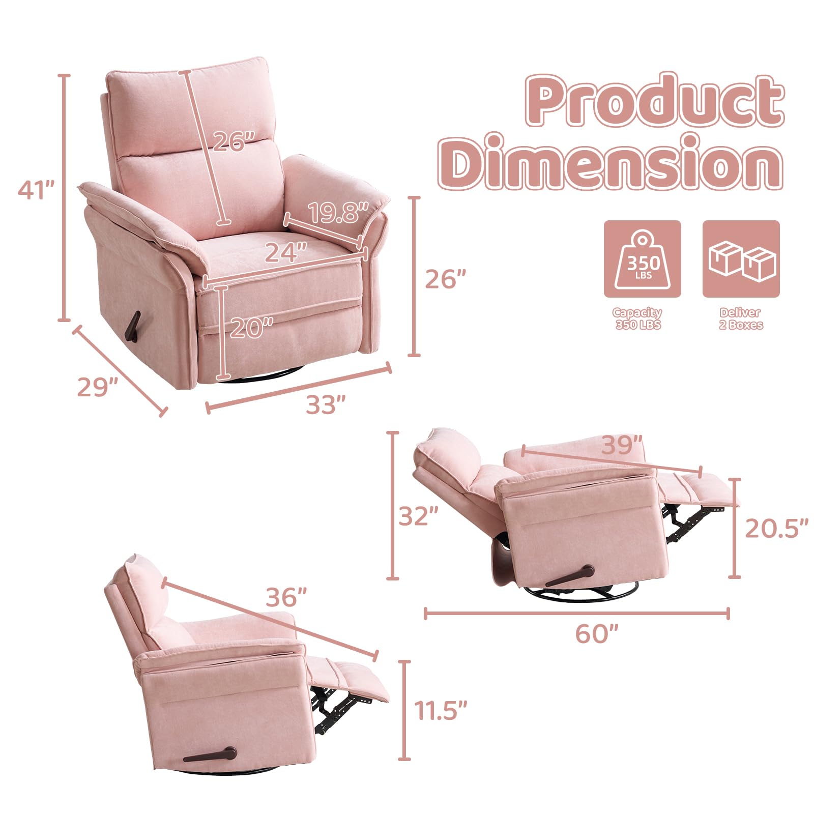 Oversized Rocking Chair Nursery with Massage and Heat, Glider Recliner Nursery Chair with Adjustable Headrest, Power Swivel Rocker Recliner Chair with USB Port, Dark Grey