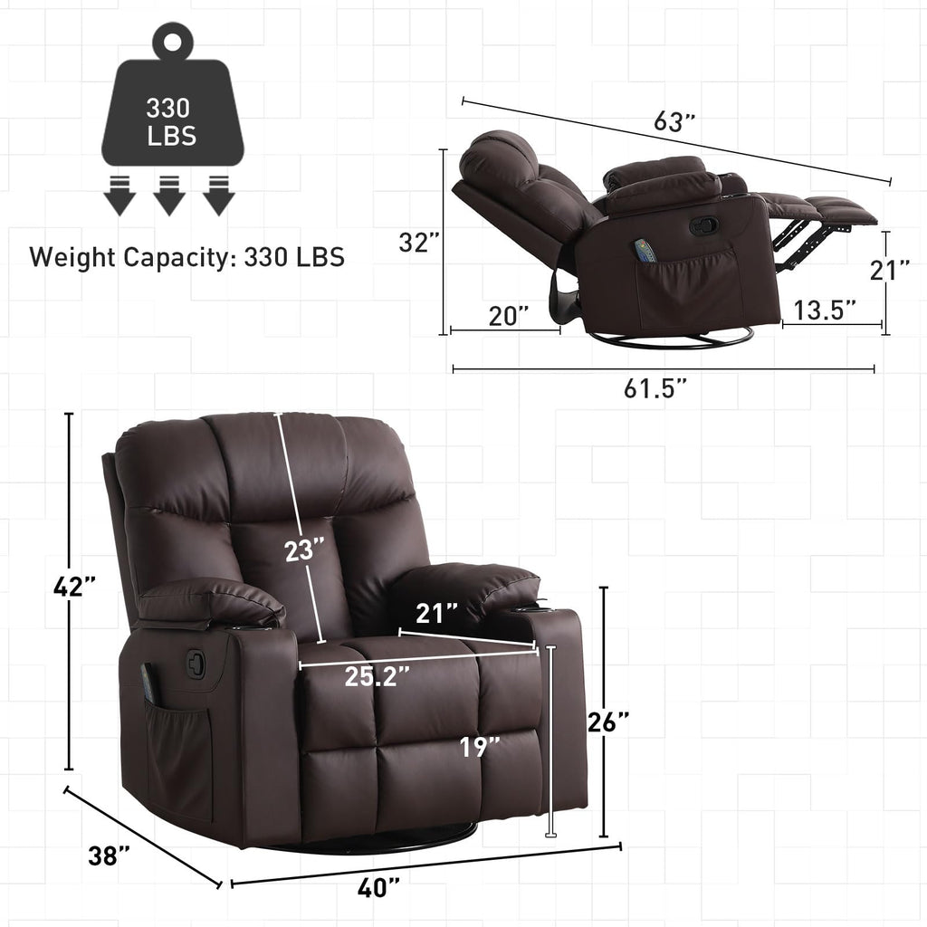 Bonzy Home Oversized Swivel Rocker Recliner, 40" Rocking Recliner Chair with Heated and Massage, PU Leather Single Sofa with Swivel Function, 2 Cup Holders for Living Room Bedroom, Black