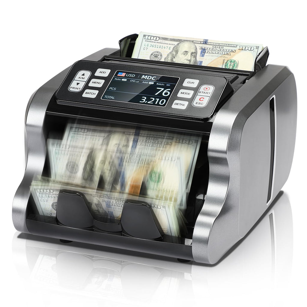 MUNBYN IMC09 Mixed Denomination Money Counter Machine, Value Counting, UV/MG/IR/MT Bill Counter, 3.5" TFT Display Money Counting Machine, USD, EUR, MXN, CAD Cash Counter for Business (White)