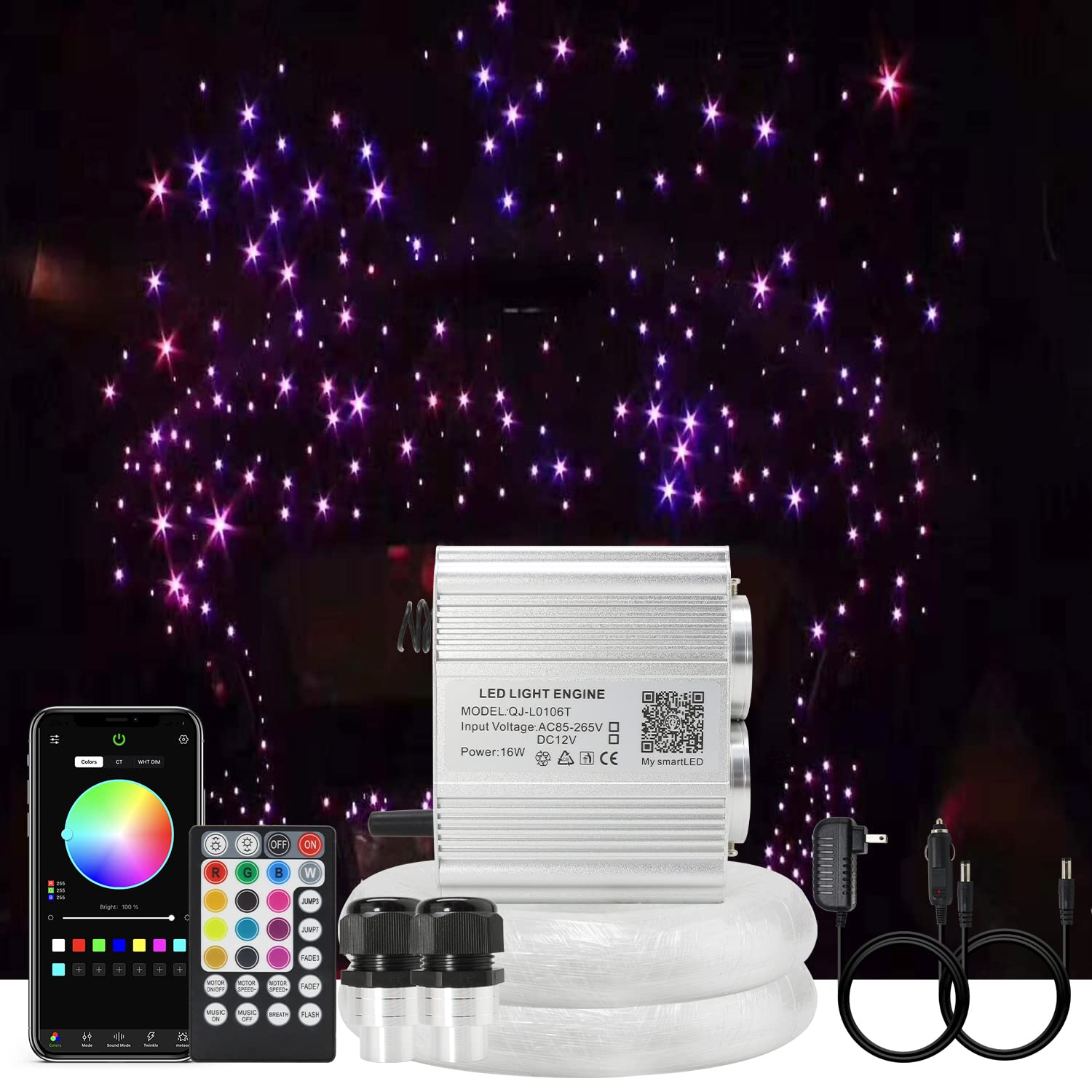 AKEPO Shooting Star+Twinkle Fiber Optic Lights Kit, Car Home Use Meteor APP Control Music Activated Star Ceiling Sky Light, RGBW Light Engine+Mixed Diameter Fibers 460pcs of 9.8ft/3m+Remote