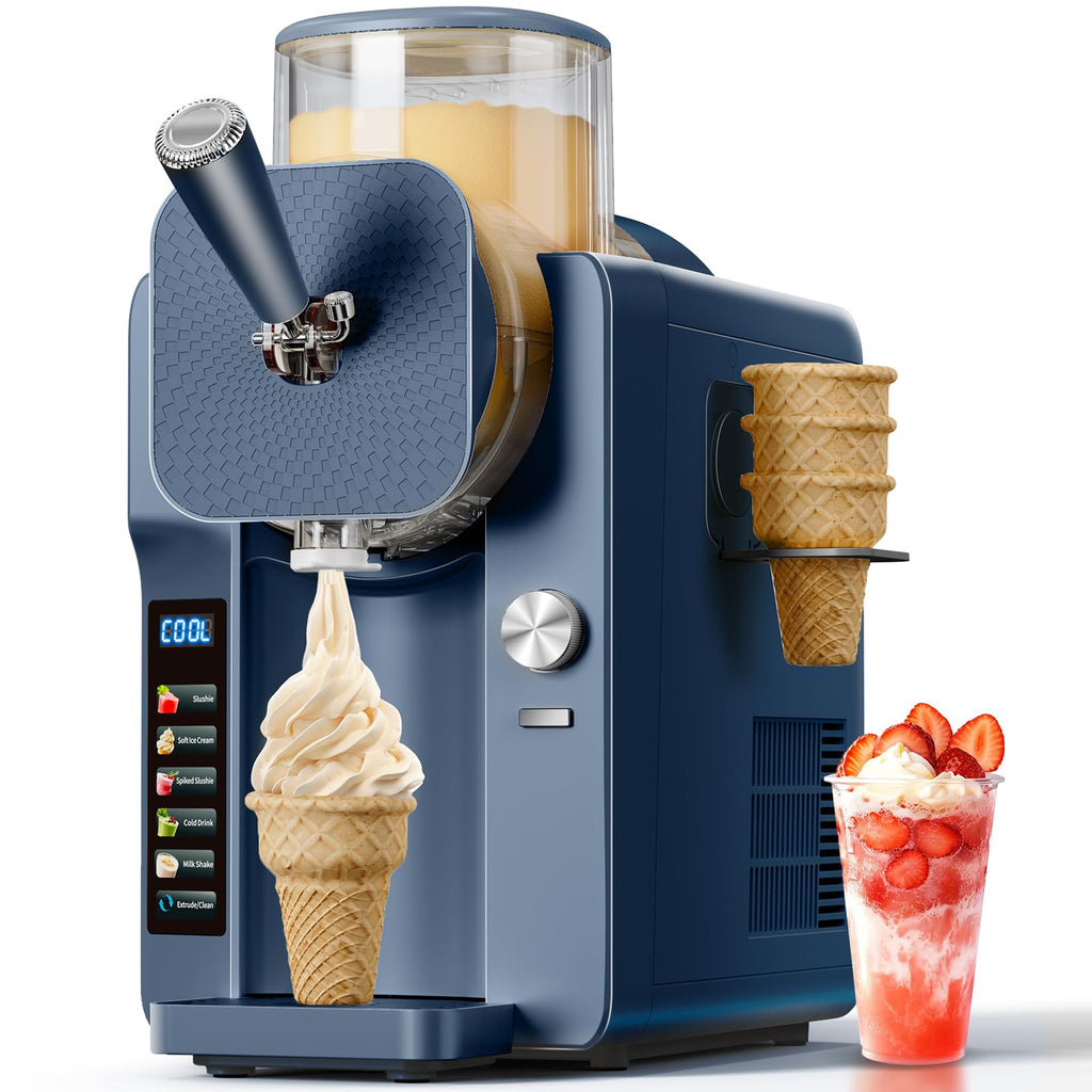 Slush Machine & Ice Cream Maker Machine 2-IN-1, 6 Modes for Smoothies, Milkshakes, Cocktails, Margarita, and Ice Cream, Double-Layer Tank, With Ice Cream Cone Holder, Self-Cleaning, For Home Use