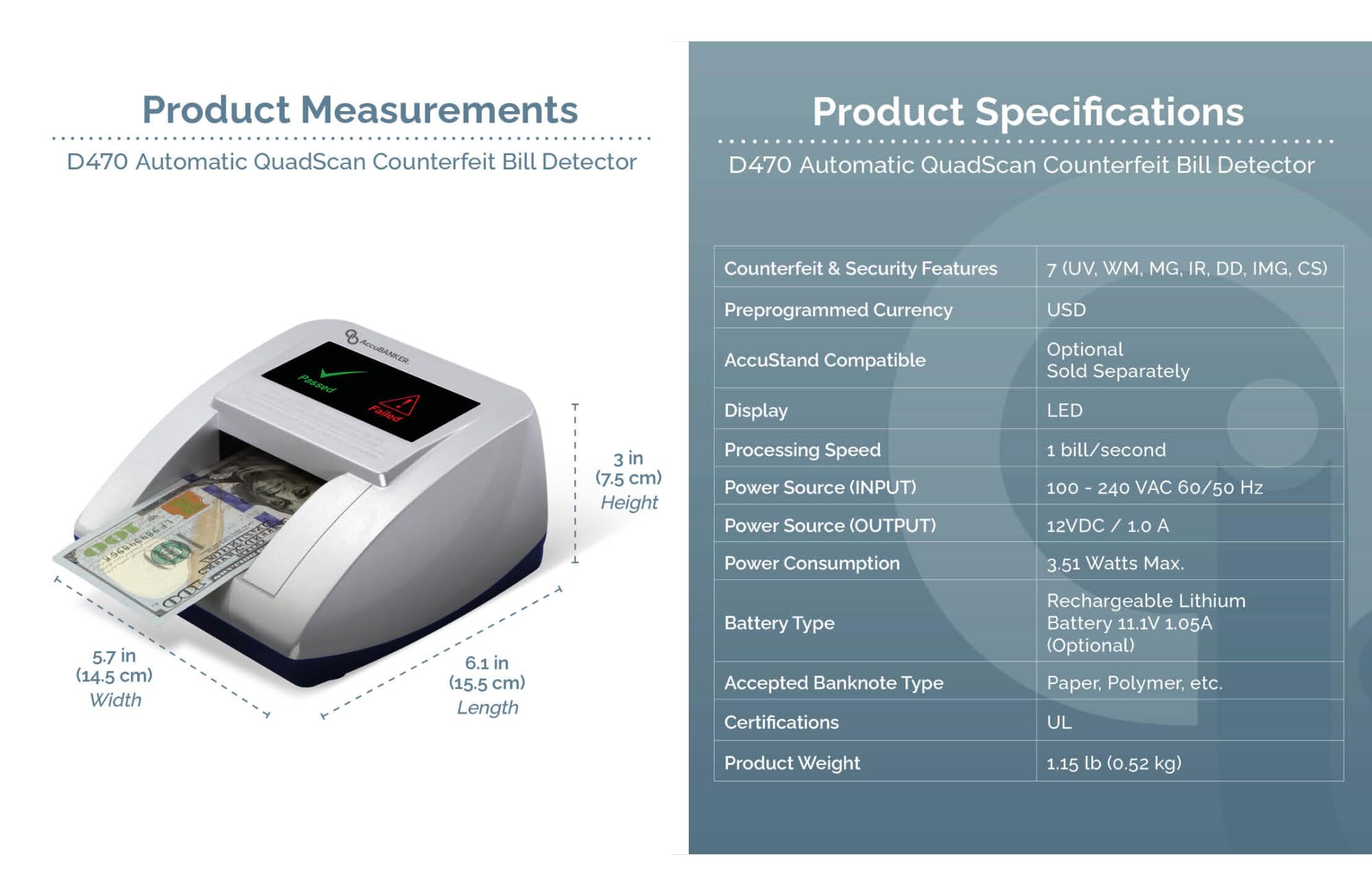 AccuBANKER D470 Quadscan 4-Way Orientation Counterfeit Bill Detector with UV, MG, IR, WM, Image, Length, Spectrum 7-Point Counterfeit Detection Methods - Optional Battery for Portable Use (No Battery)