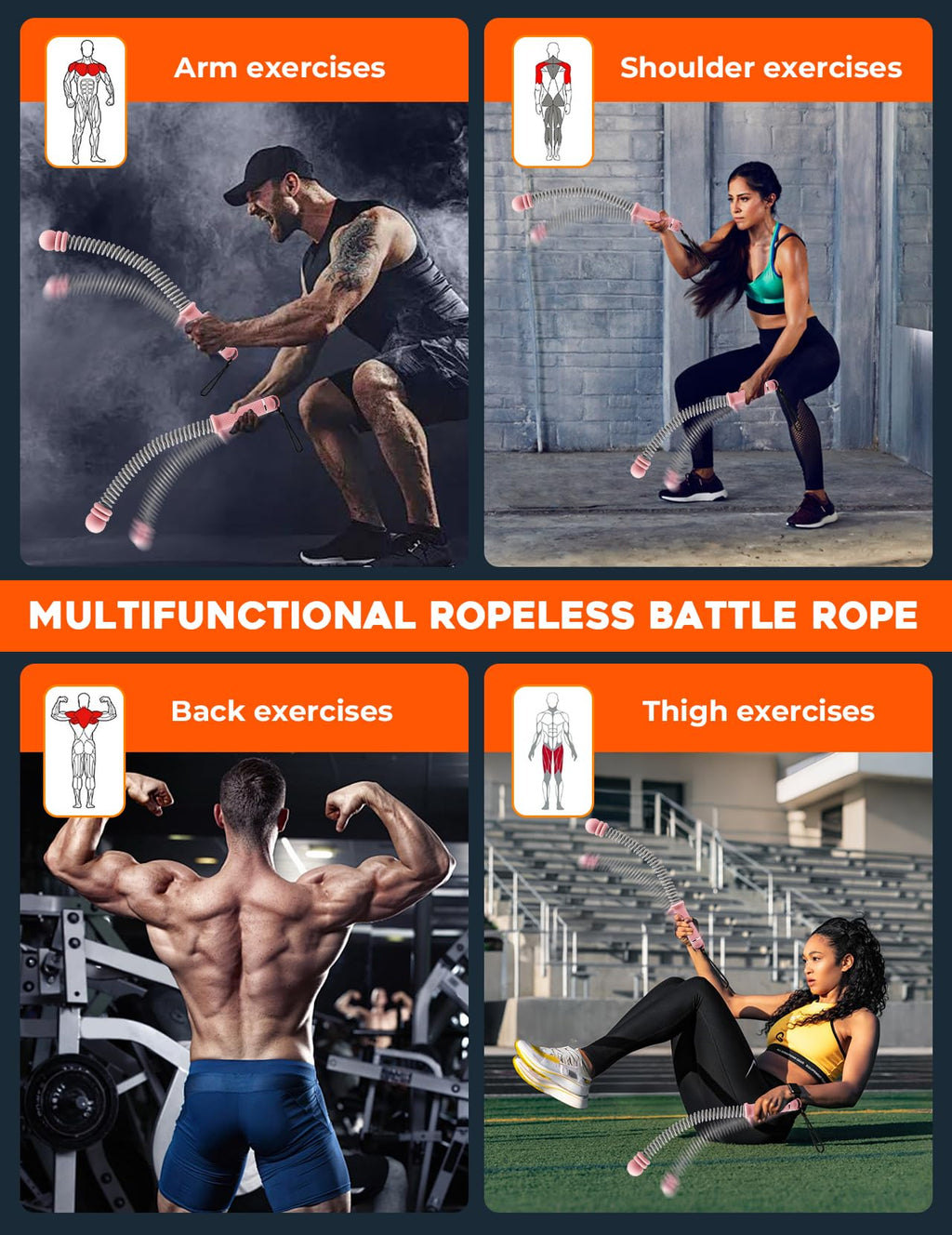 Cordless Battle Ropes 2 Pack Adjustable Weight Portable Ropeless Battle Ropes for Home Gym Full Body Workout with Non Slip Handle and Training Poster for HIIT Cardio Strength Training Men Women,Black