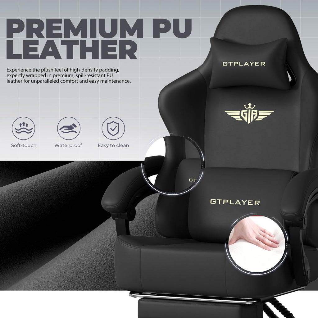 GTPLAYER Gaming Chair with Pocket Spring Cushion, Big and Tall Gamings Chairs 350LBS High Back Computer Chair with Footrest for Adults Lumbar Support Swivel Game Chair for Office,Leather Black-Massage