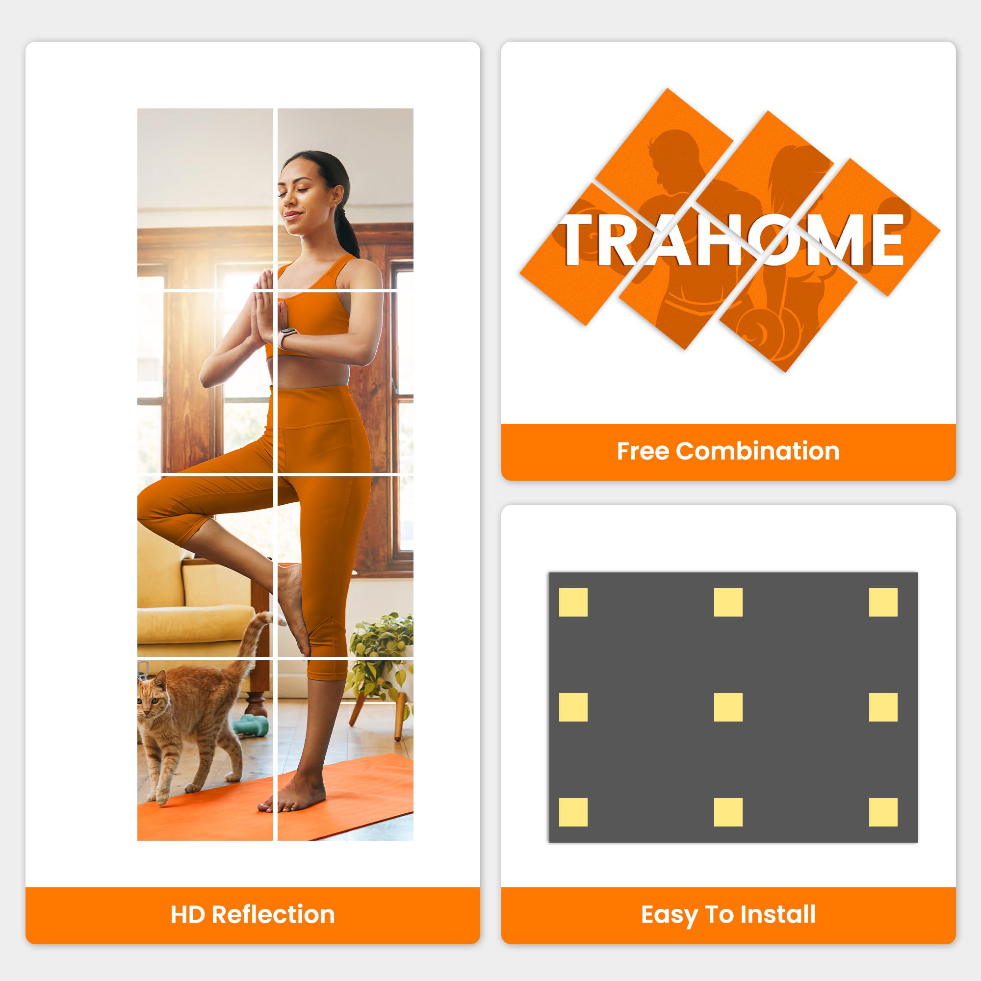 TRAHOME Wall Mirror Tiles, 16"x12"x12PCS Full Length Home Gym Mirror for Garage, Bedroom, Living Room, Over The Door