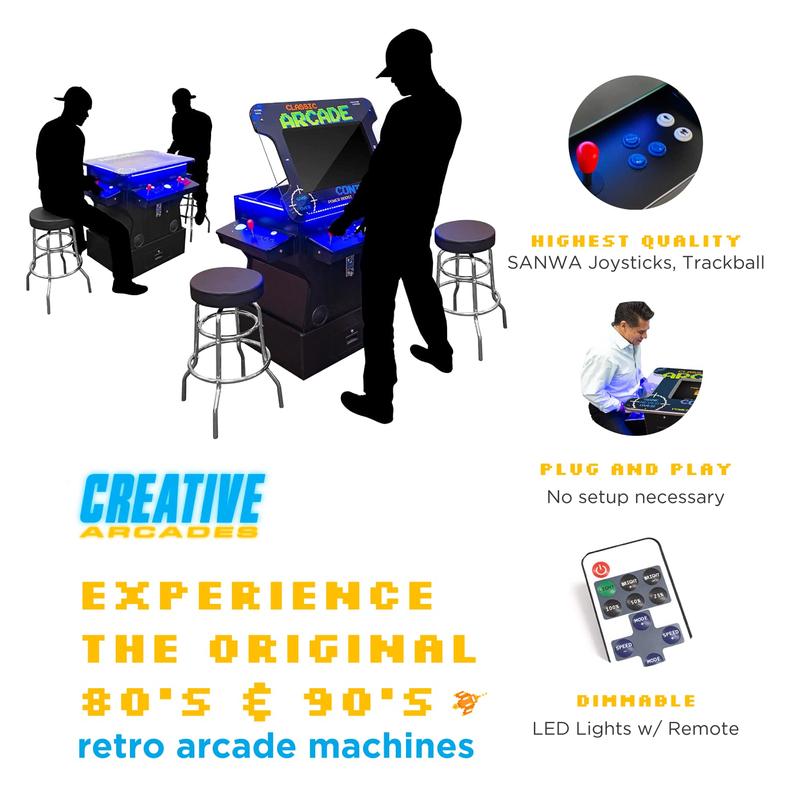 Creative Arcades Full Size Commercial Grade Cocktail Arcade Machine w/Lifting Screen | Trackball | Three-Sided | 4 Sanwa Joysticks | 2 Stools (4500 Games & 32" Screen & Woodgrain Edition)