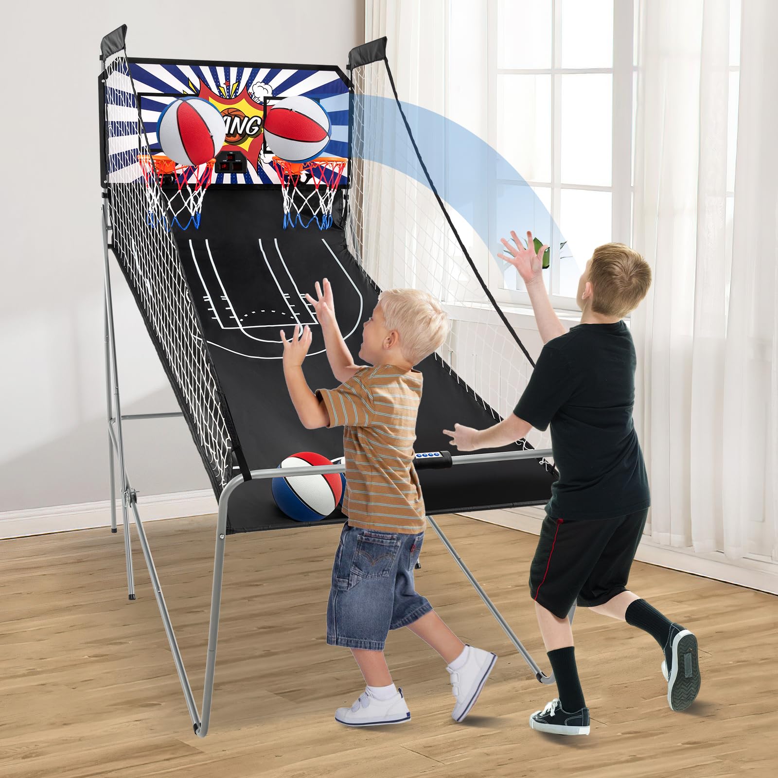 KOTEK Basketball Arcade Game Indoor, Foldable Dual Shot Electronic Basketball Games for 2 Players w/8 Game Options & LED Scoring System, Basketball Hoop Arcade for Family Home Play (Green)