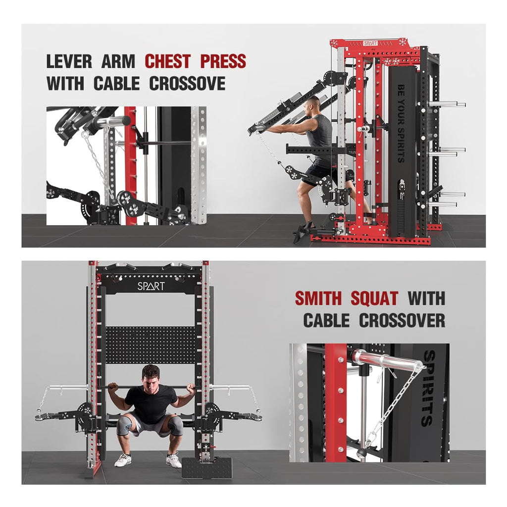 Commercial Smithe Machine with Weight Stack, All-in-One Power Cage Squat Rack Home Gym System with Leg Press Attachment & Cable Crossover, Multi-Functional Trainer with Dual Pulley System for Home Gym