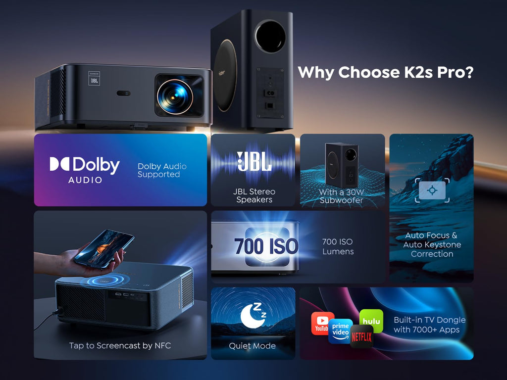 Yaber PROJECTOR K3 Smart Projector with GTV, 30W Speaker Sound by JBL, Dolby Audio, Home/Outdoor Movie Projector with WiFi6 and Bluetooth, Auto Screen Adaptation,Netflix 7000+app