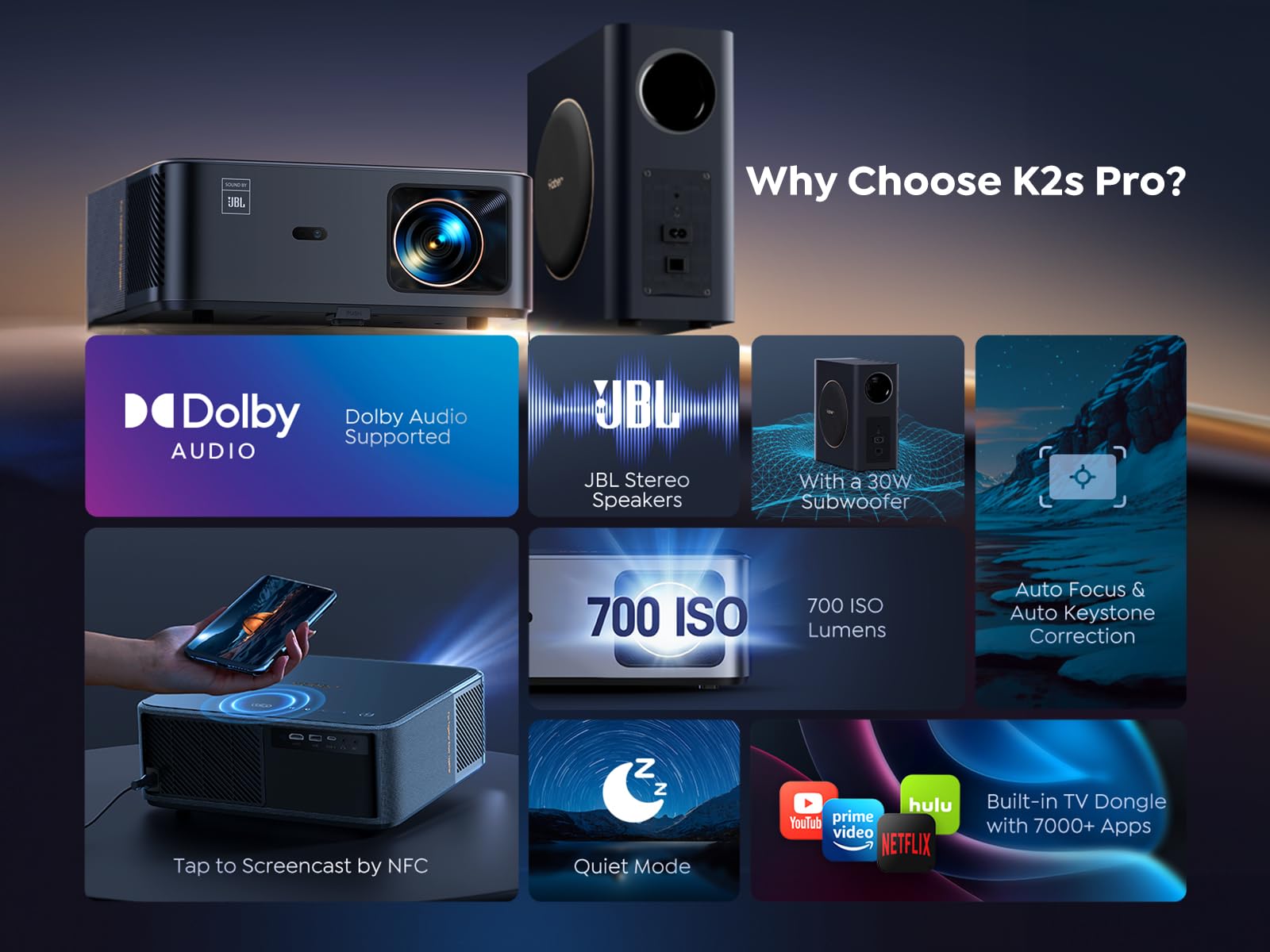 Yaber PROJECTOR K3 Smart Projector with GTV, 30W Speaker Sound by JBL, Dolby Audio, Home/Outdoor Movie Projector with WiFi6 and Bluetooth, Auto Screen Adaptation,Netflix 7000+app